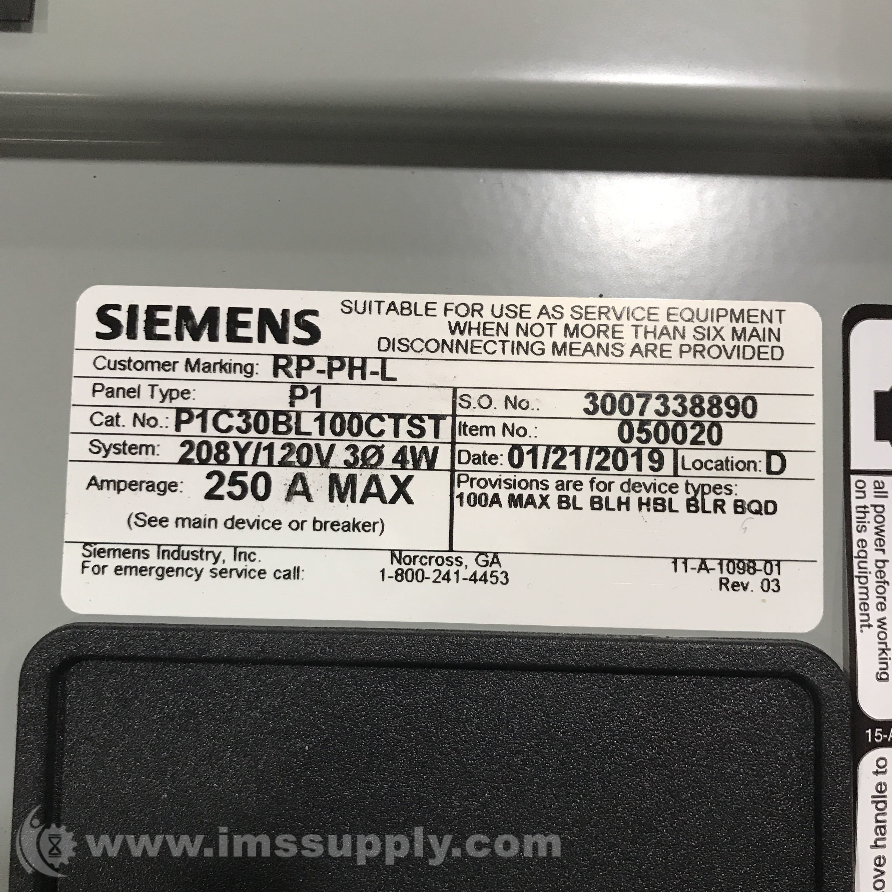 Siemens P1C30BL100CTST Panelboard IMS Supply