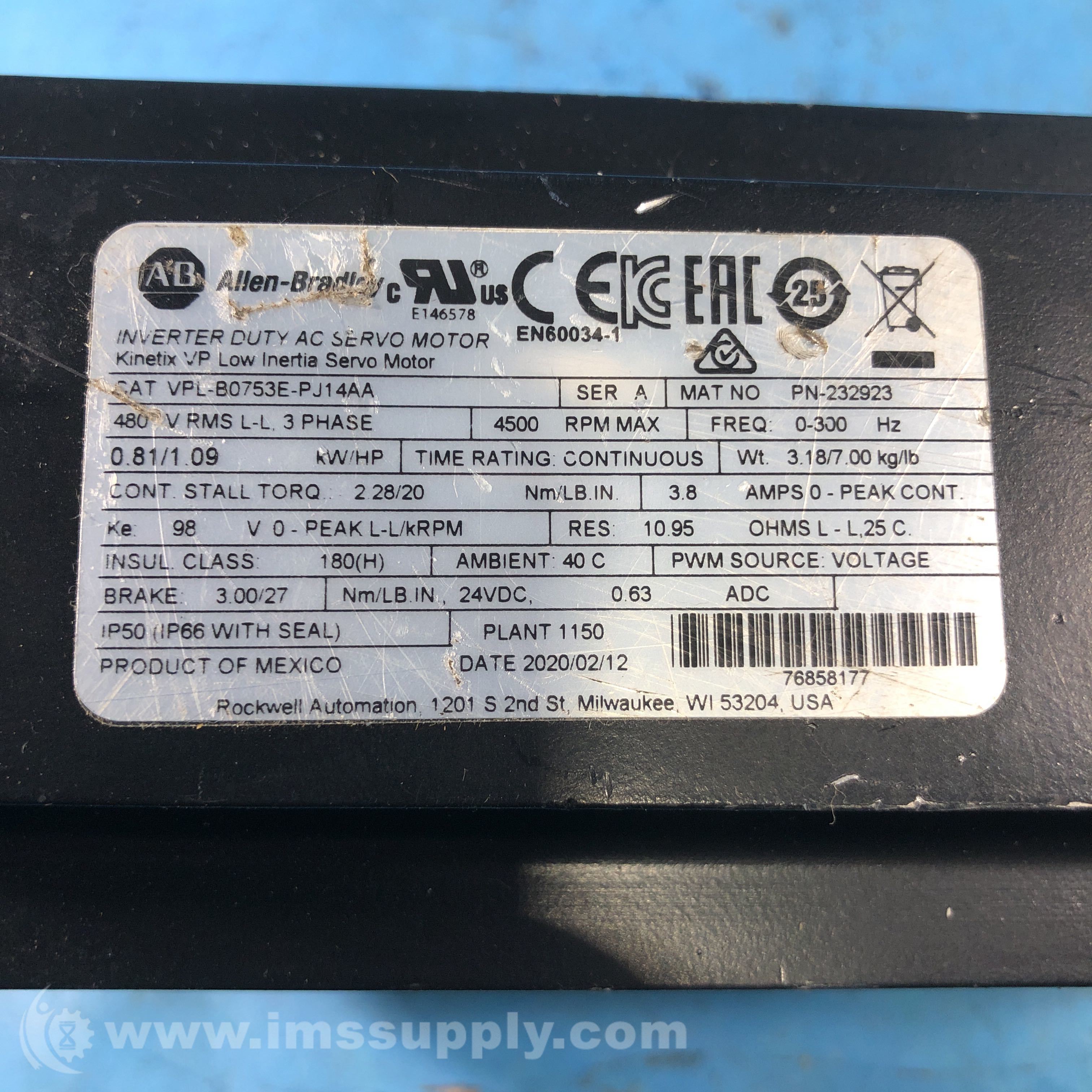 Allen Bradley VPLB0753EPJ14AA Series A Servo Motor IMS Supply