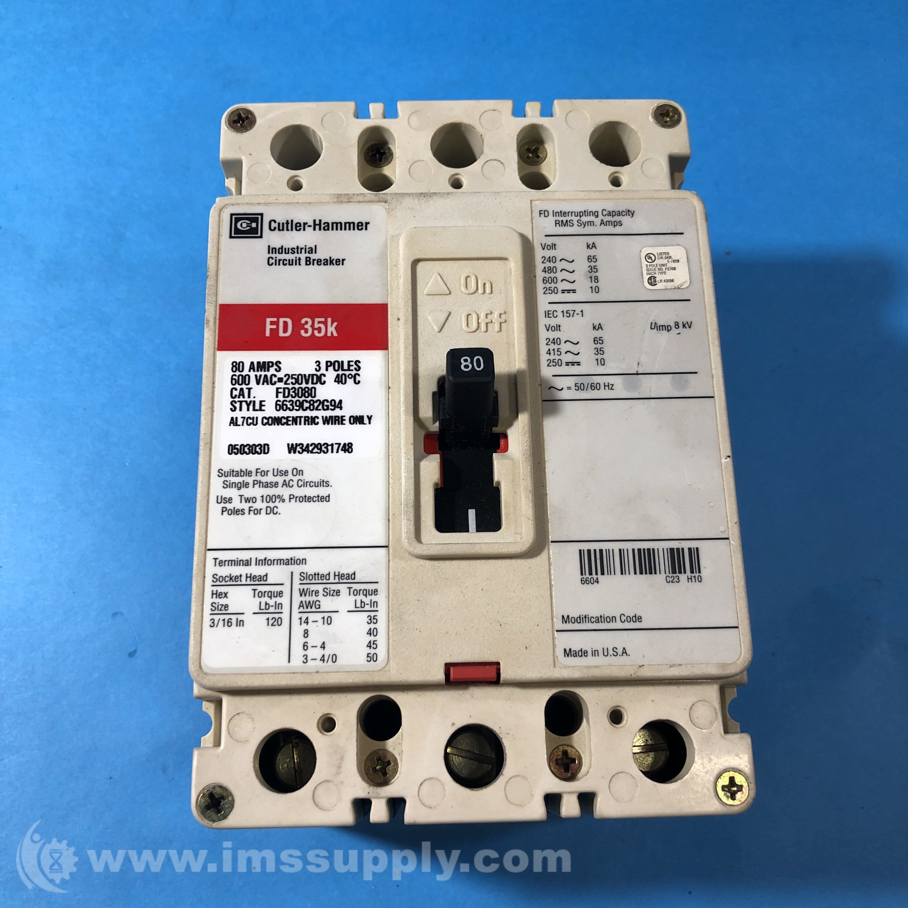 Cutler Hammer FD3080 Circuit Breaker, 80 Amp, 3 Pole, 600 VAC IMS Supply