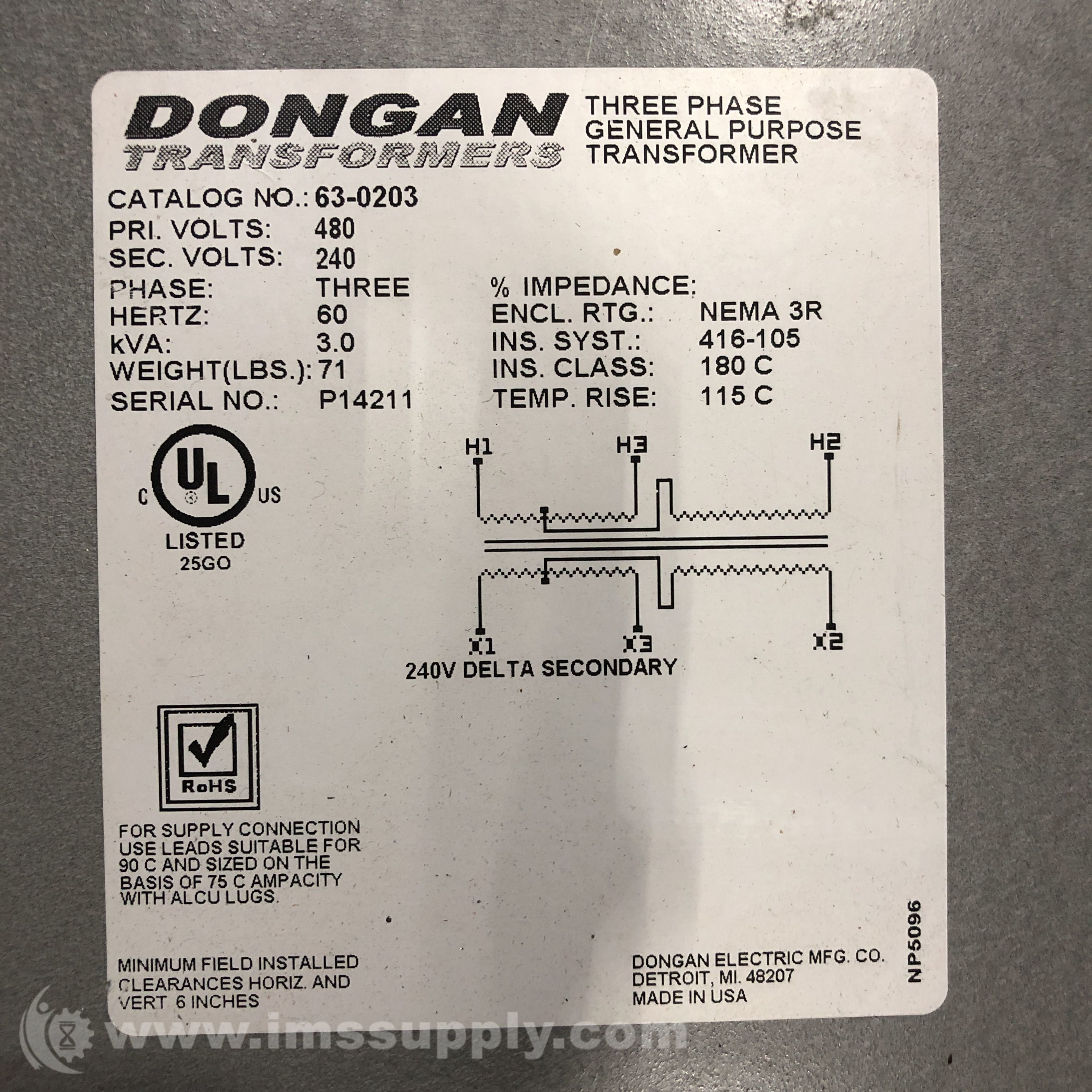 Dongan 63-0203 3-Phase General Purpose Transformer - IMS Supply
