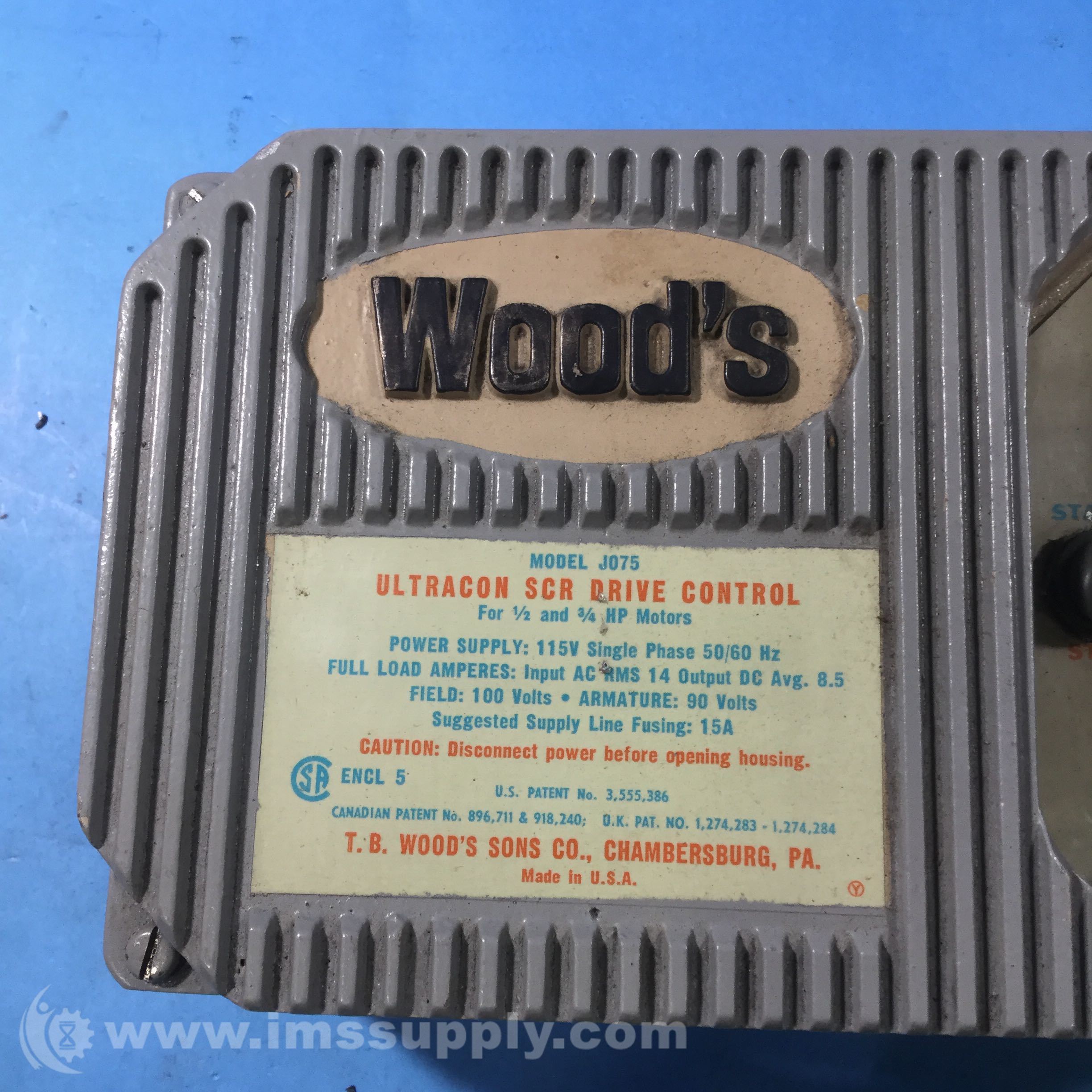 TB Woods J075 Ultracon SCR Drive Control, 1/23/4HP, 14AMP IMS Supply