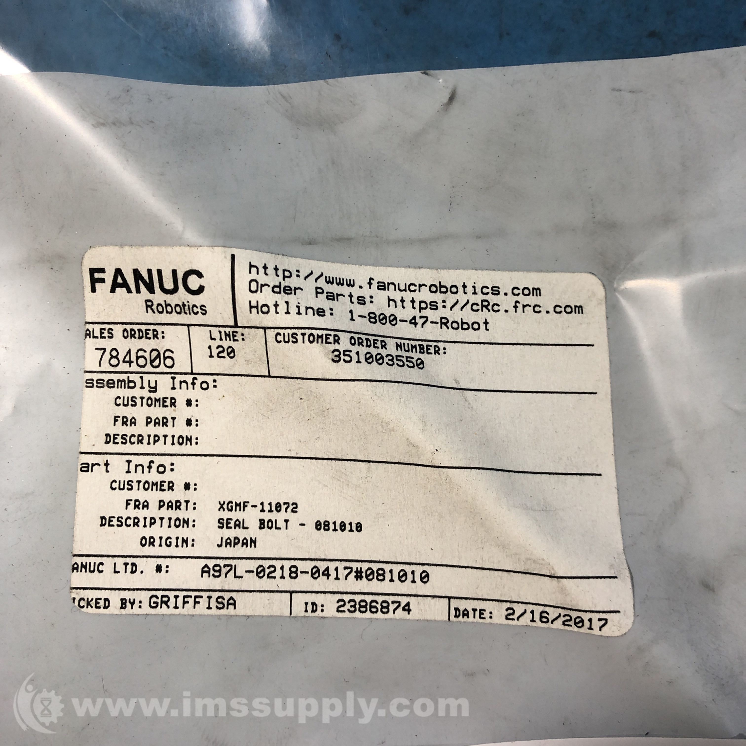 Fanuc XGMF-11072 Seal Bolt, A97L-0218-0417#081010 - IMS Supply