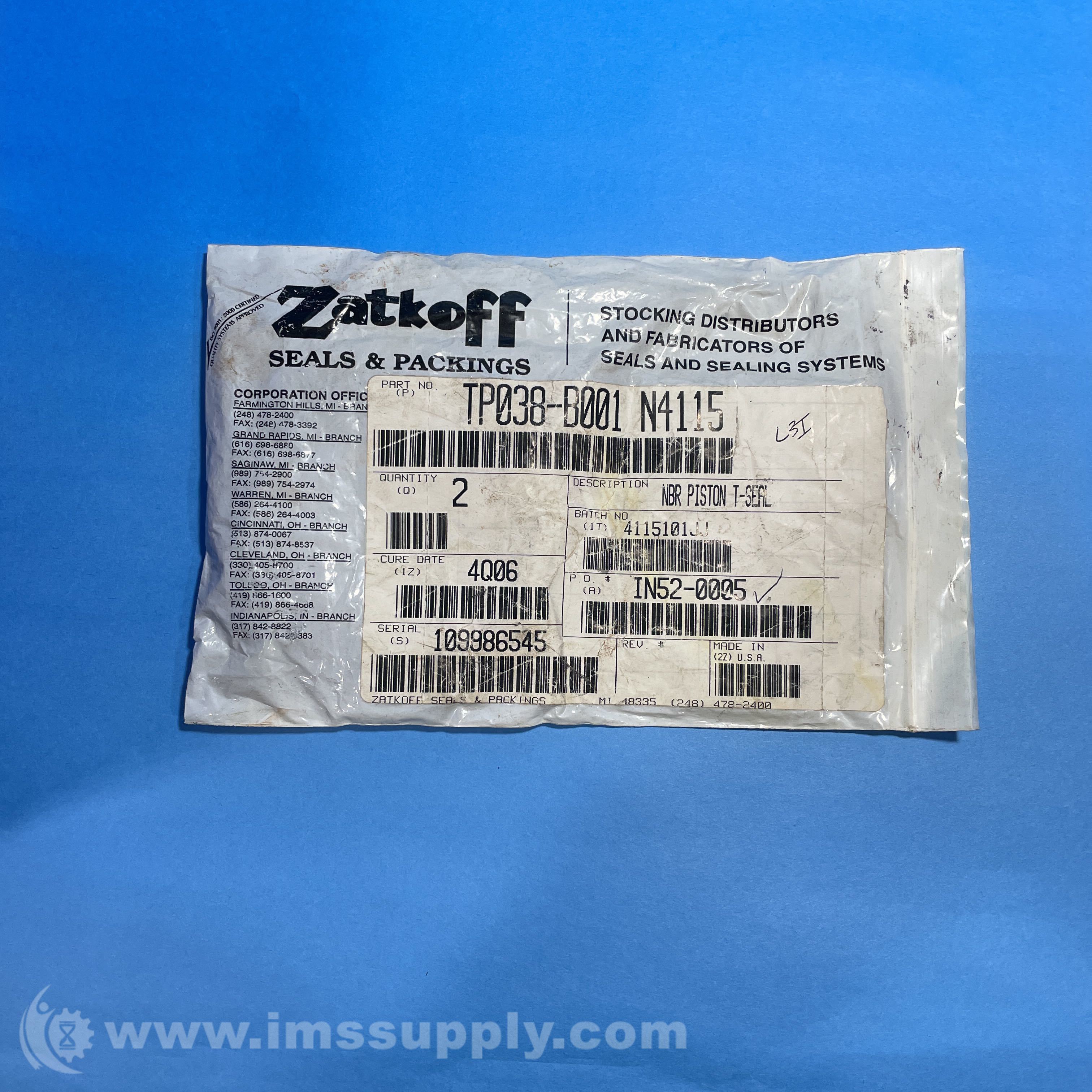Zatkoff Seals & Packings TP038B001 N4115 TSeal IMS Supply