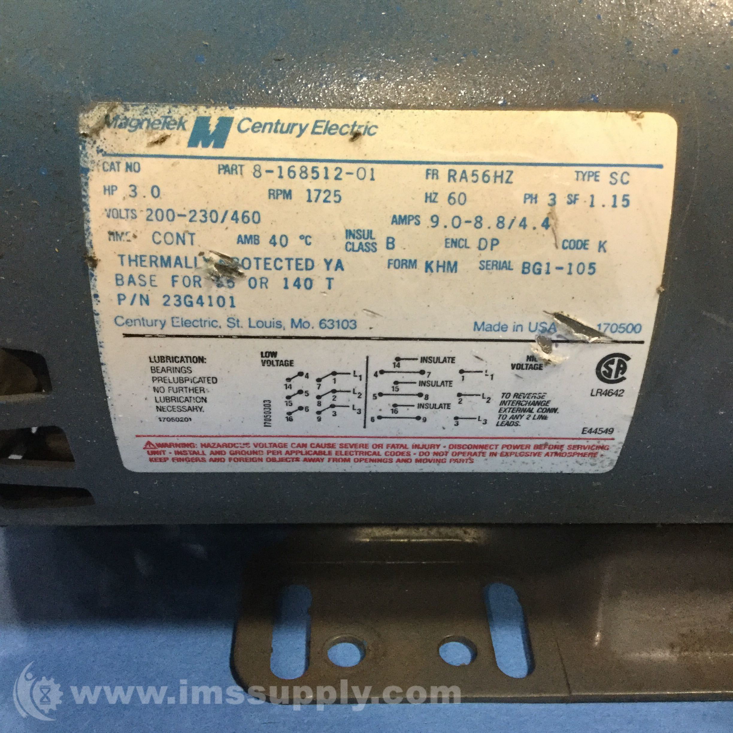 Century Electric Motors 816851201 RPM1725 HP 3 HZ60 PH3 Motor IMS