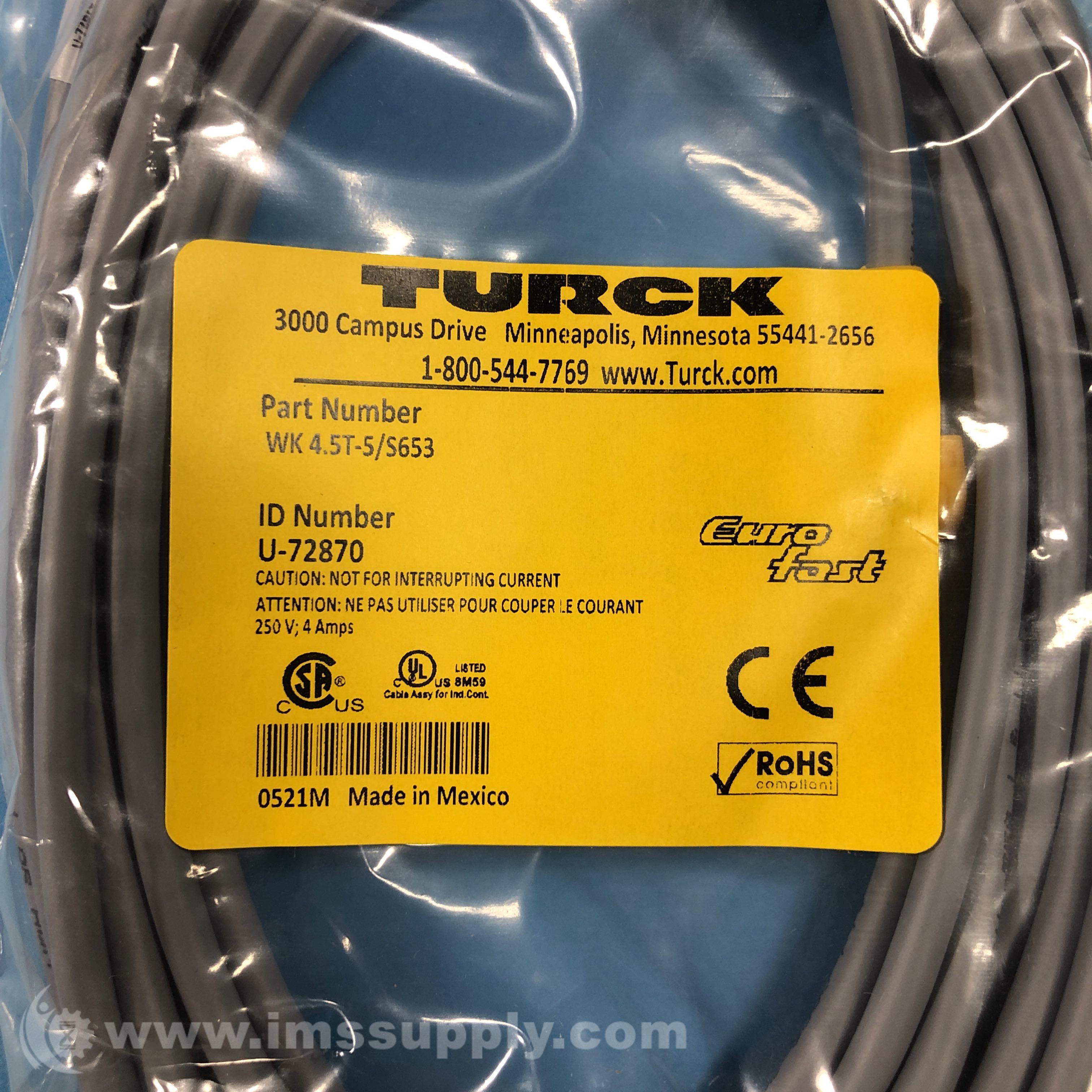 Turck WK 4.5T-5/S653 Single-Ended Cable, 5M, 90 Degree 5-Pin M12 - IMS ...