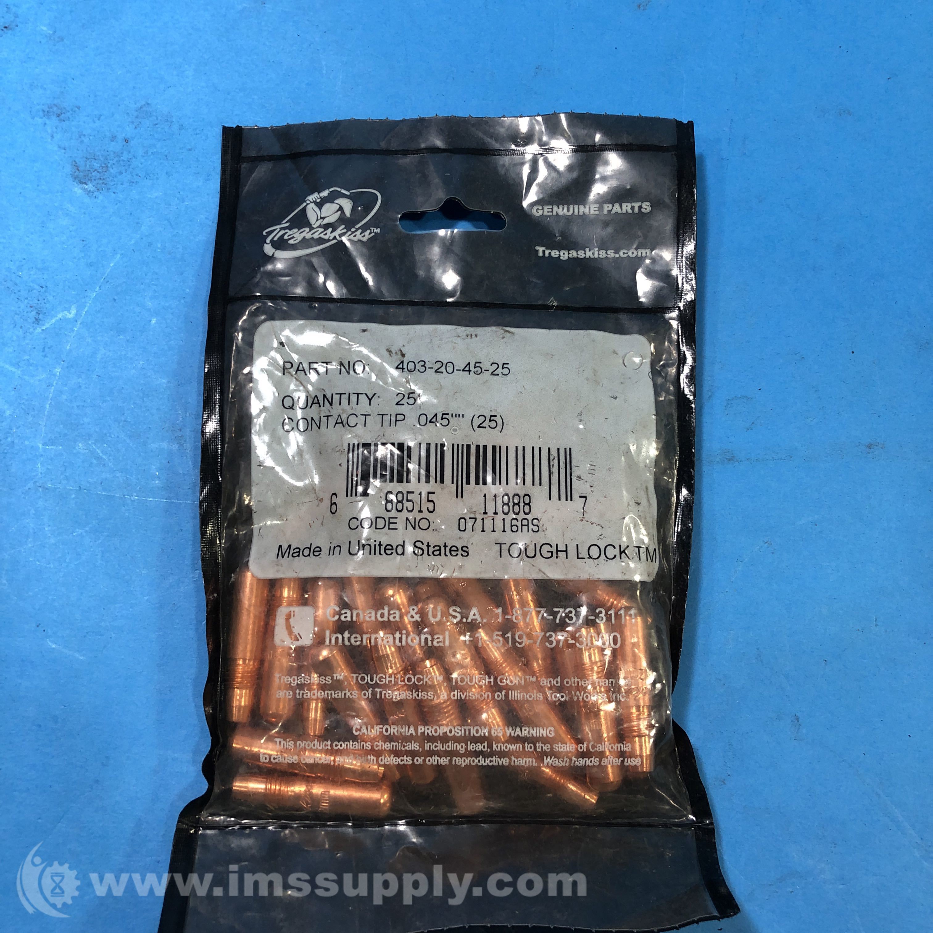 Tregaskiss 403-20-45-25 Bag of 25 Heavy Duty Contact Tip - IMS Supply
