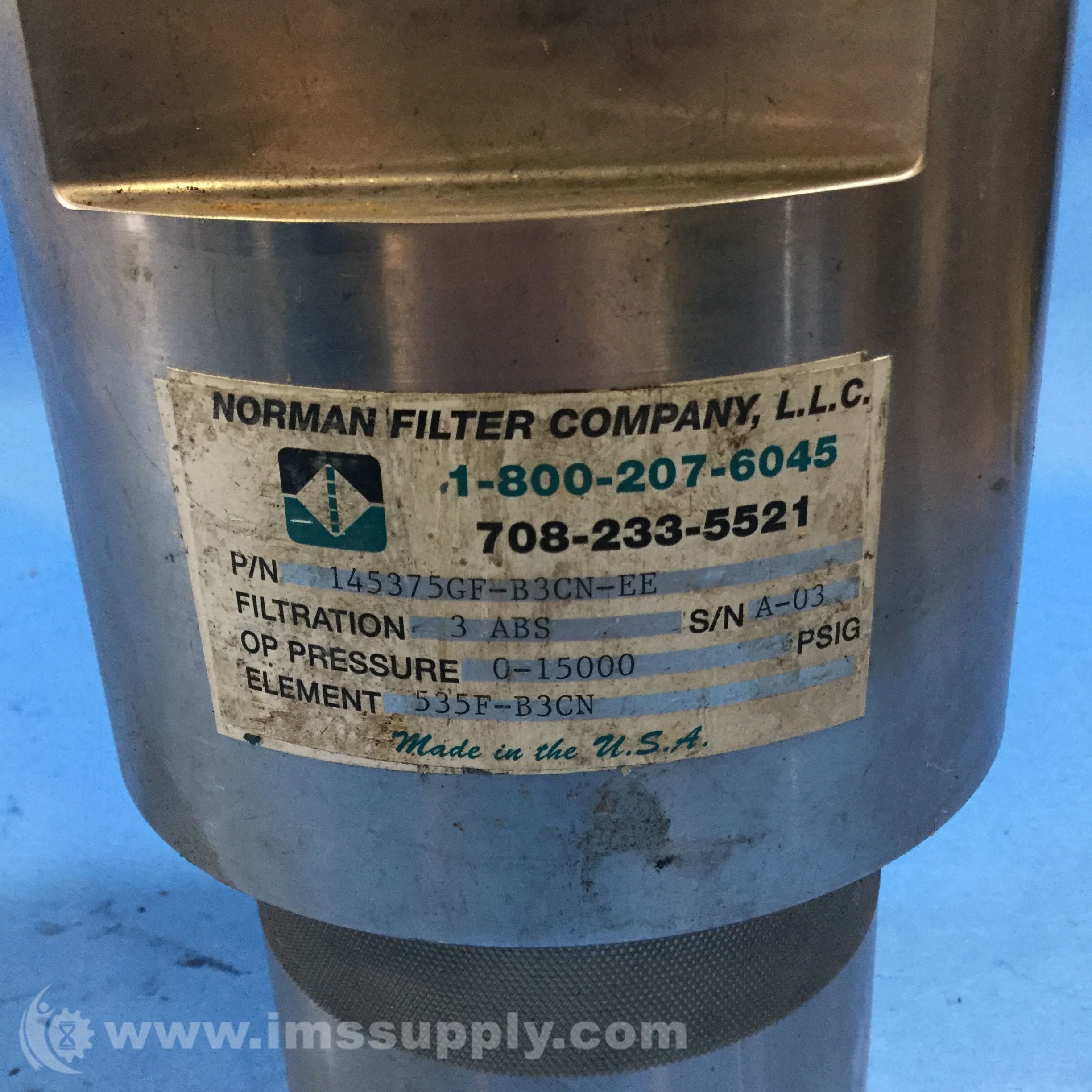 Norman Filter Company 145375GFB3CNEE 15,000PSI Hydraulic IMS Supply