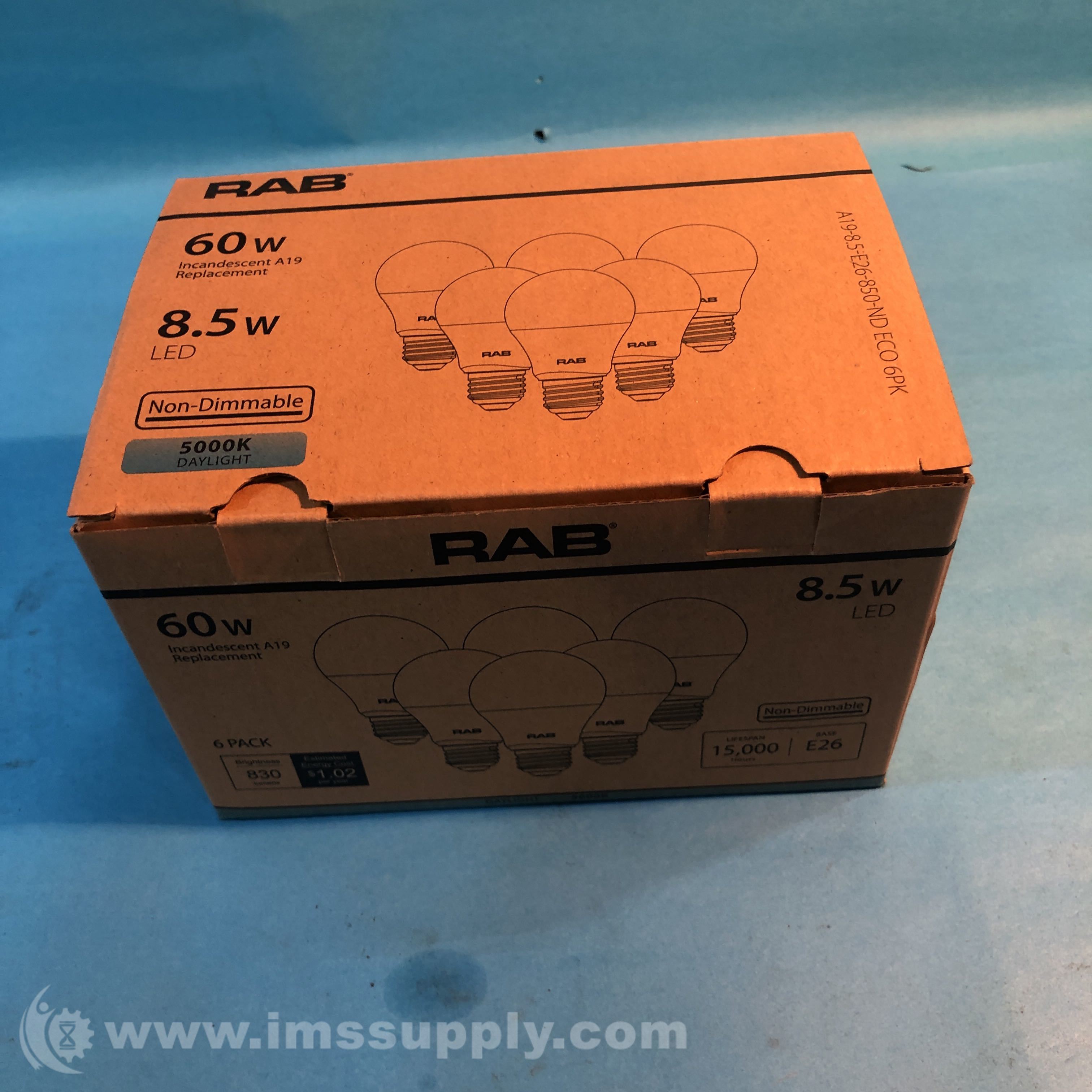Rab Lighting A198.5E26850ND ECO 6PK LED Light Bulbs IMS Supply
