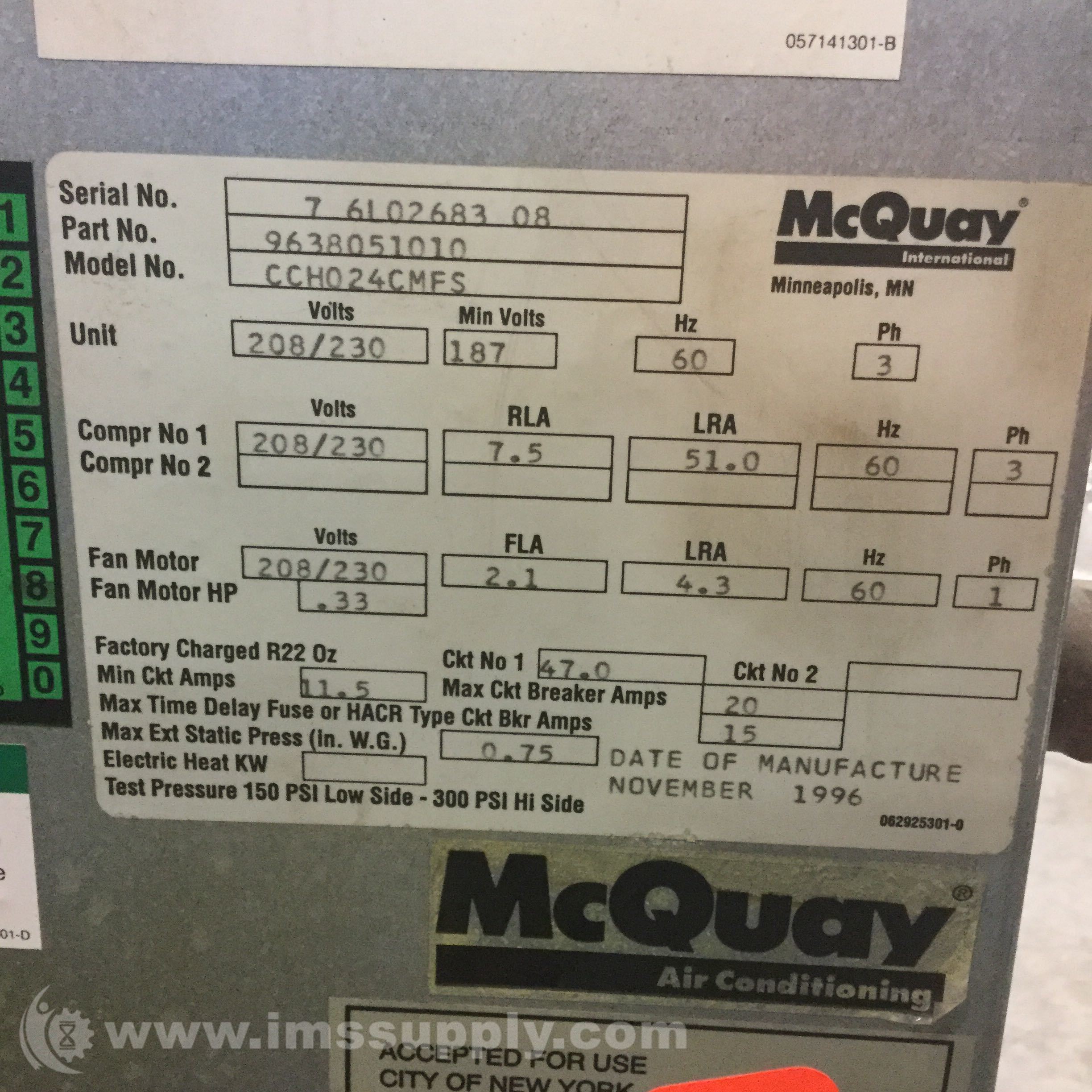 McQuay Perfex CCH024CMFS Ceiling Concealed Water Source Heat Pump IMS