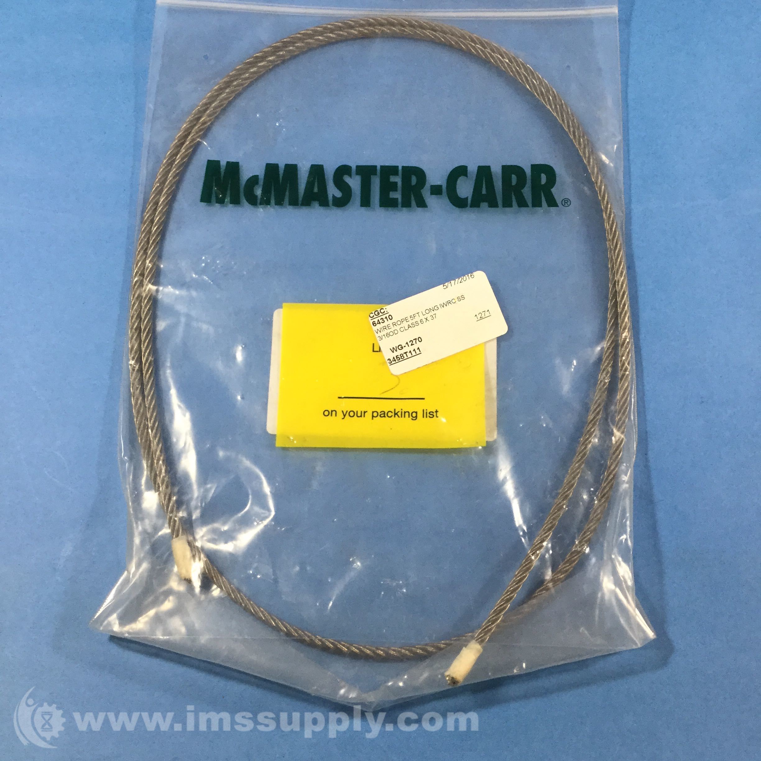 McMasterCarr 3458T111 Wire Rope 5Ft Long IWRC SS 3/16OD IMS Supply