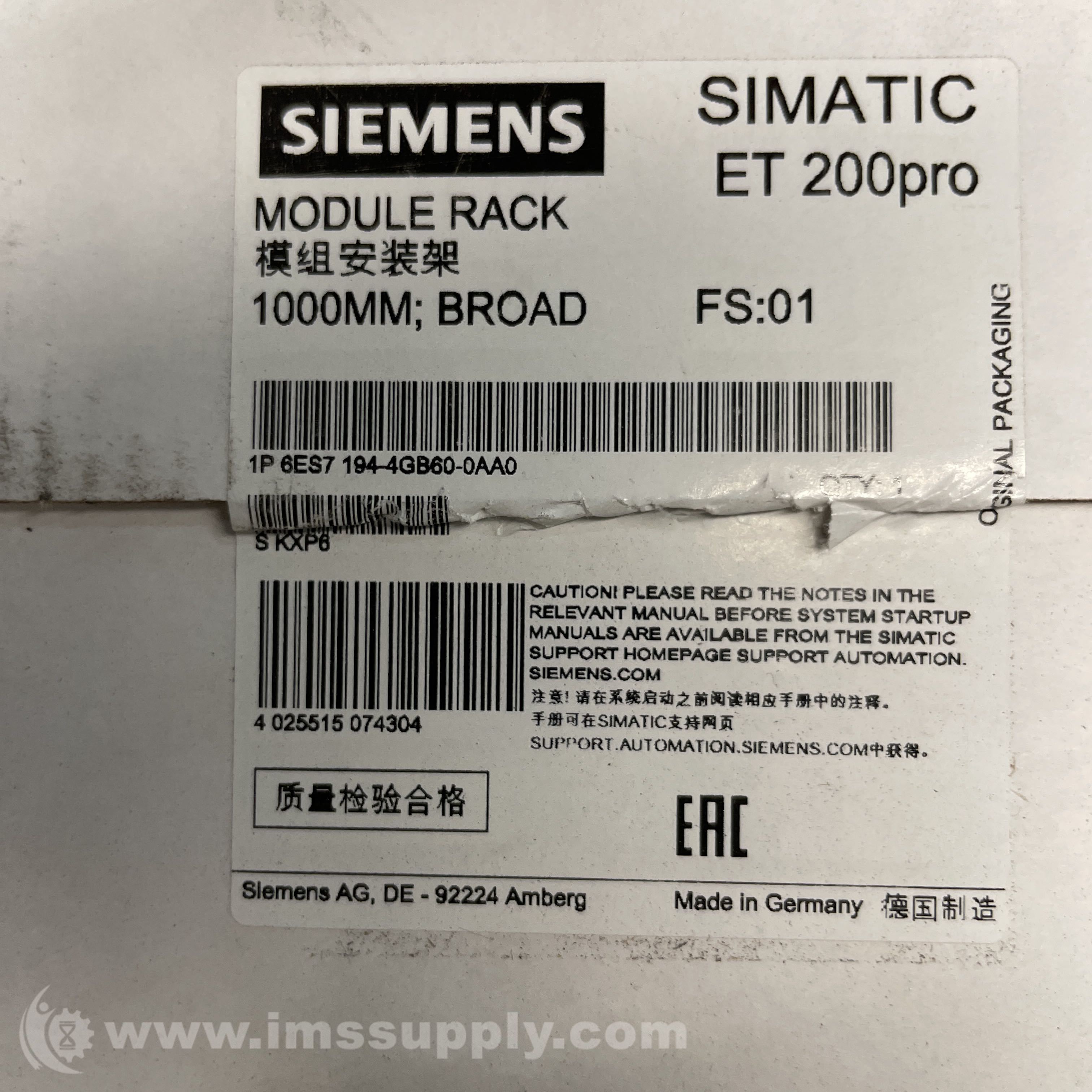 Siemens 6ES7194-4GB60-0AA0 Module Rack, Simatic ET 200pro - IMS Supply