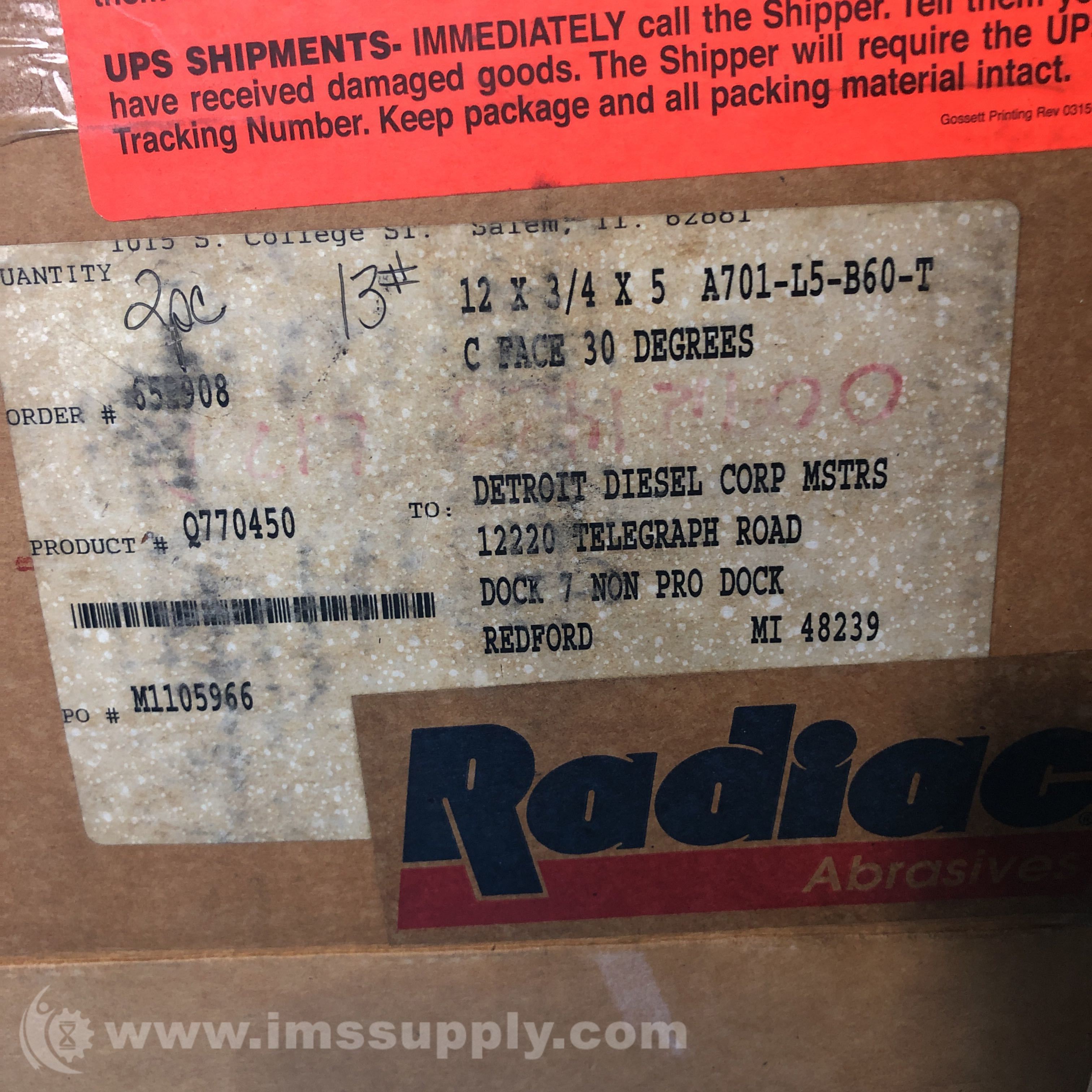 Radiac Abrasives Q770450 Box of 2 Drill Grinding Wheels IMS Supply