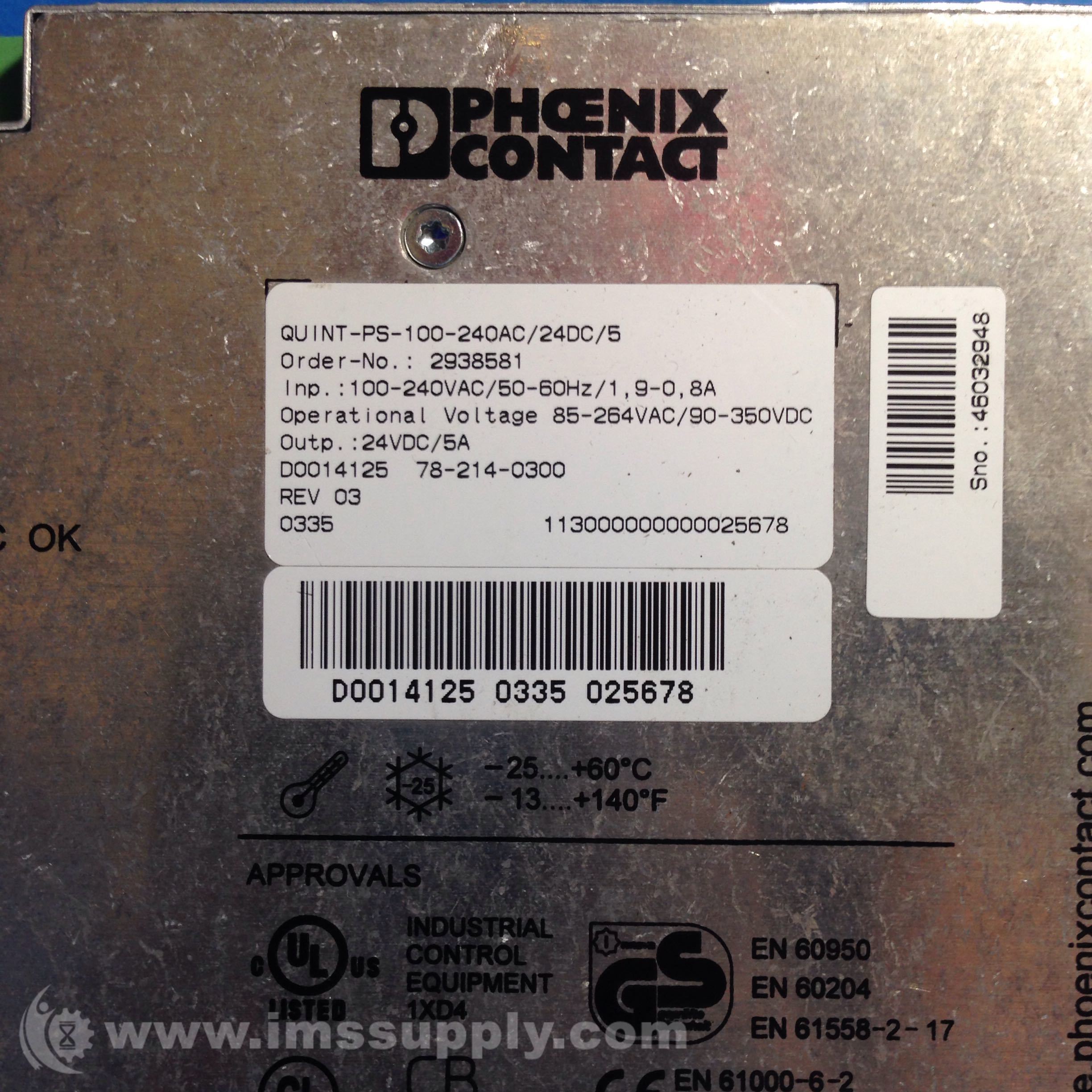 Phoenix Contact 2938581 power Supply 5AMP 100-240VAC 24VDC 1Phase - IMS ...