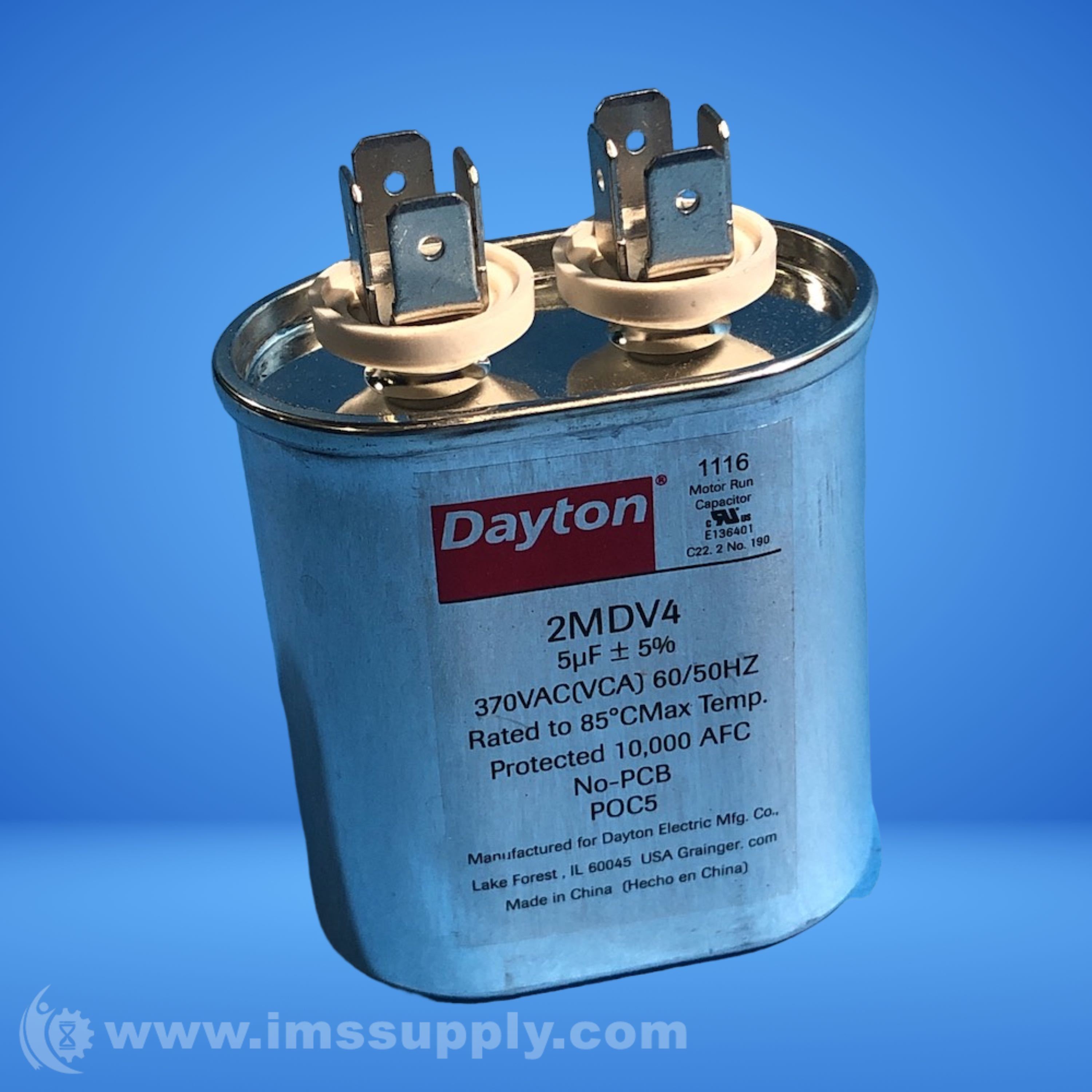 Dayton 2MDV4 Motor Run Capacitor: Oval, 370V AC, 5 mfd, 2 13