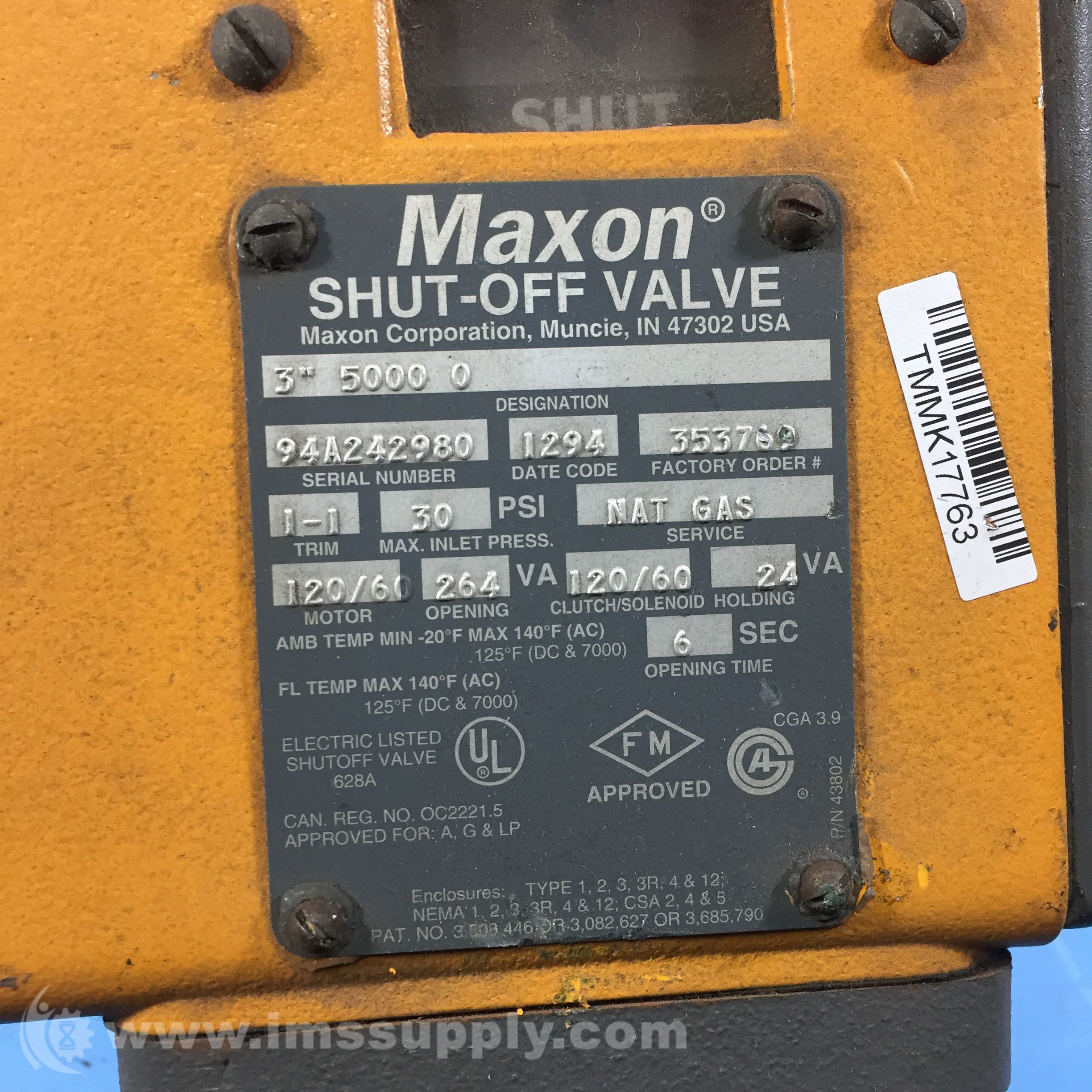 Maxon 3 5000 0 Shut Off Valve, Natural Gas IMS Supply