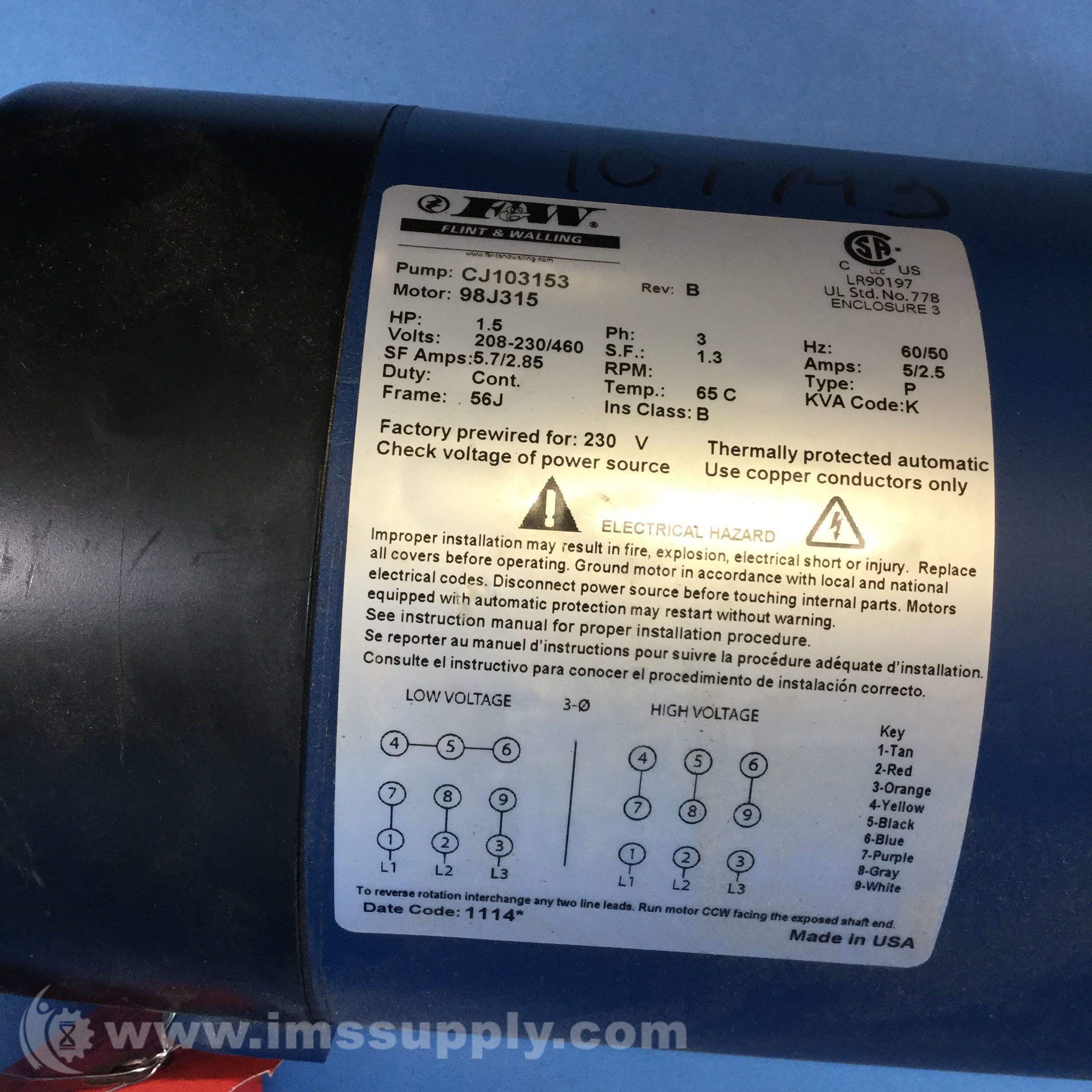 Flint and Walling CJ103153 Booster Pump, 11/2 HP, 3Phase IMS Supply