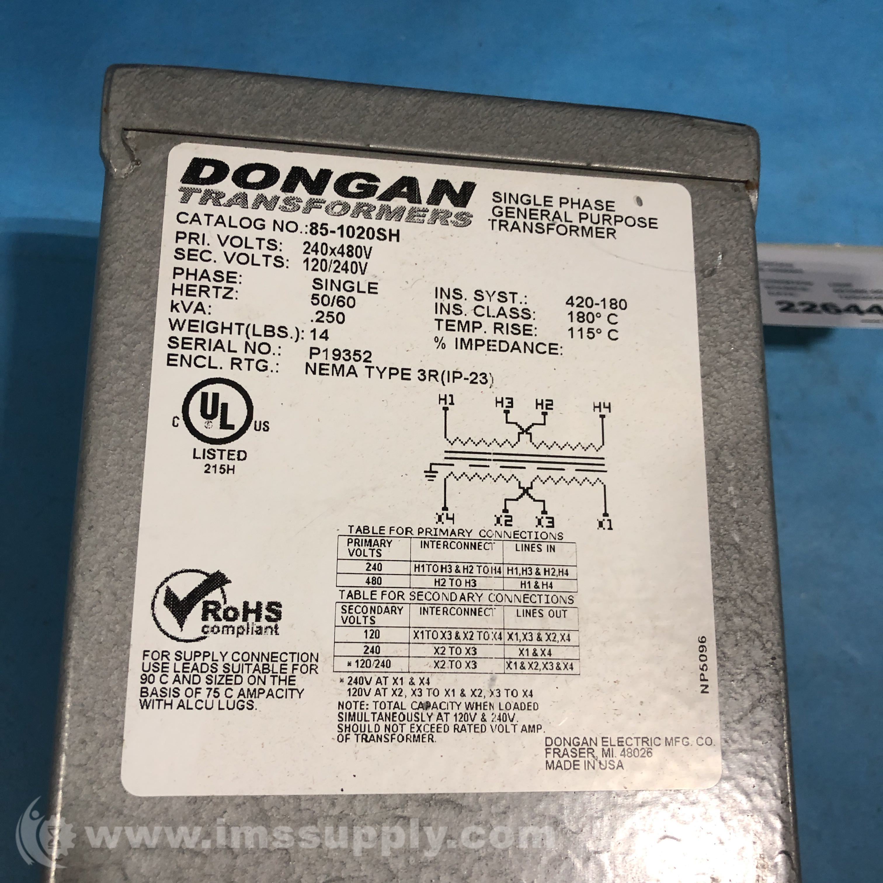 Dongan 85-1020SH Isolation Transformer - IMS Supply