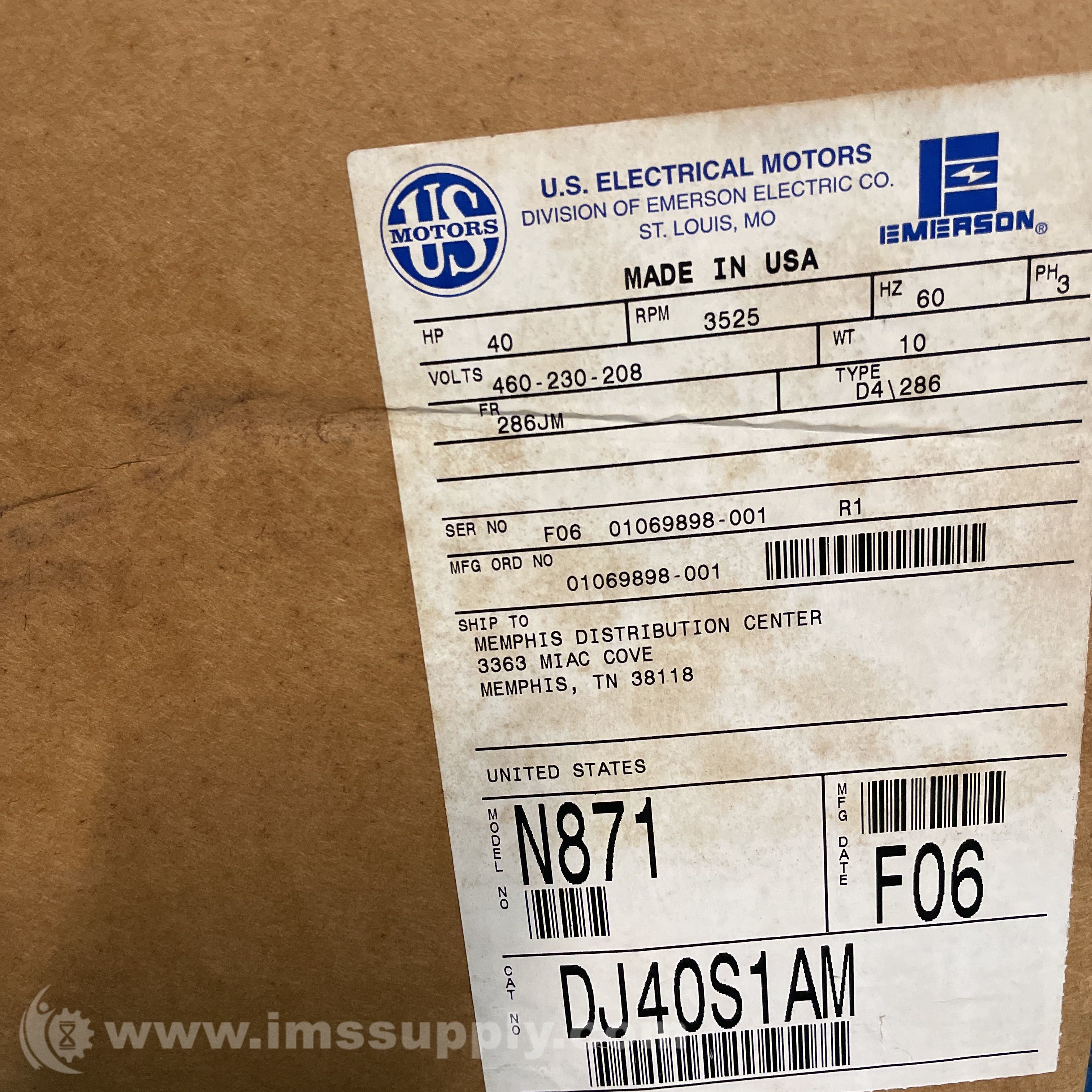 US Motors N871, Electric Motor, 60hz, 40HP - IMS Supply