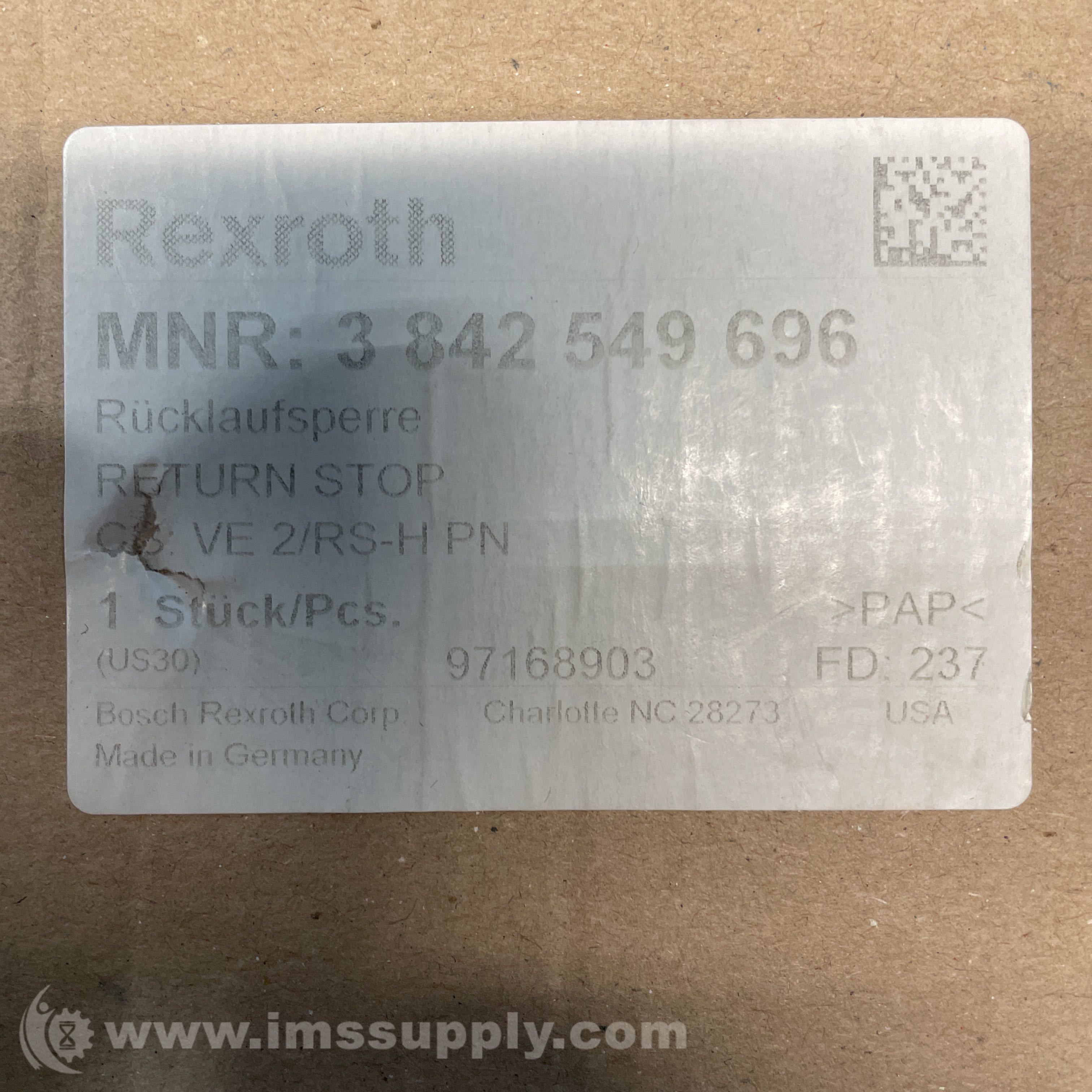 Rexroth 3842549696 Return Stop VE 2/RS-H PN - IMS Supply