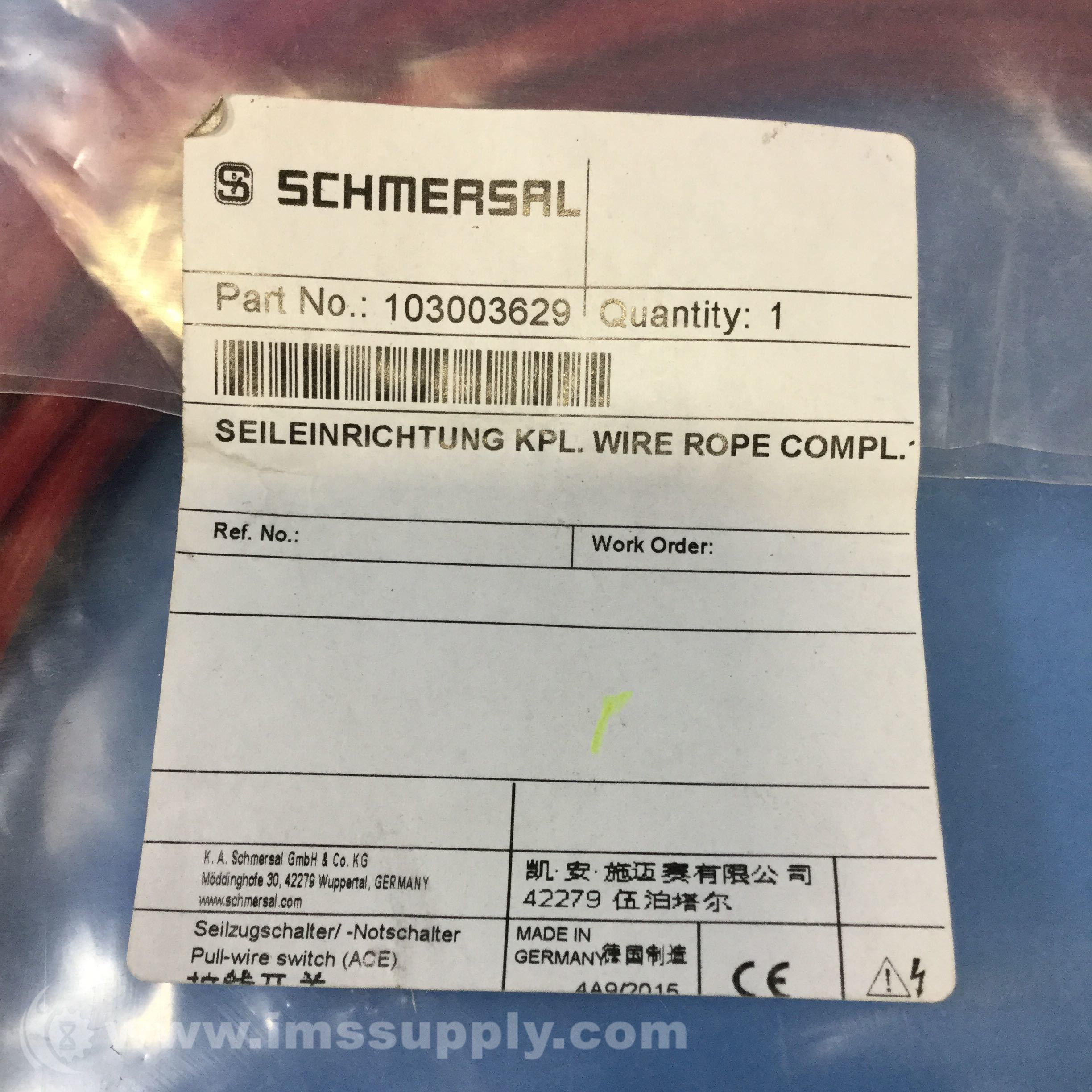 Schmersal 103003629 Safety, Wire Rope Complete, Fixing Kit Schmersal 103003629 Safety, Wire Rope Complete, Fixing Kit