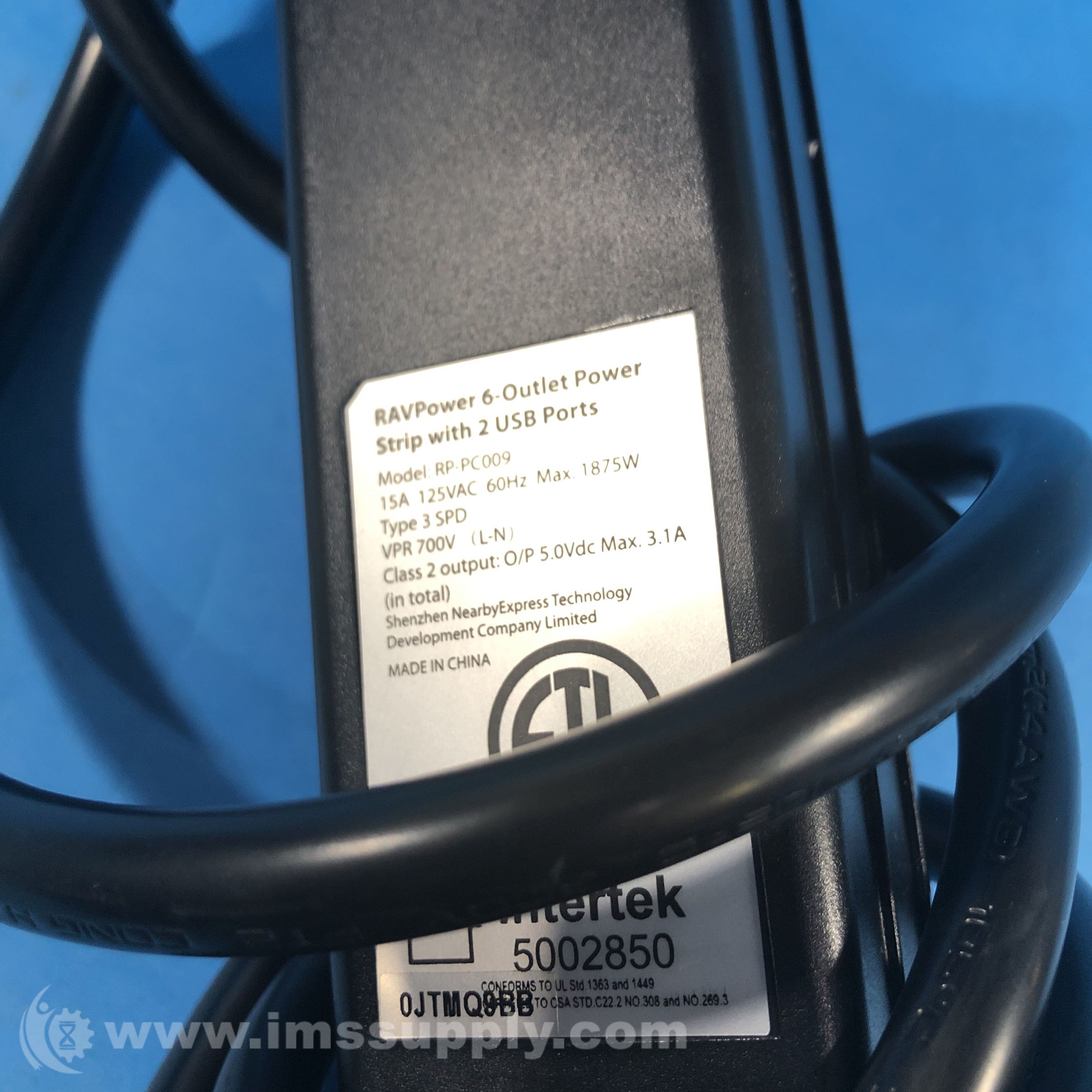 Intertek RPPC009 RAVPower 6Outlet Power Strip w/ 2 USB Ports IMS Supply