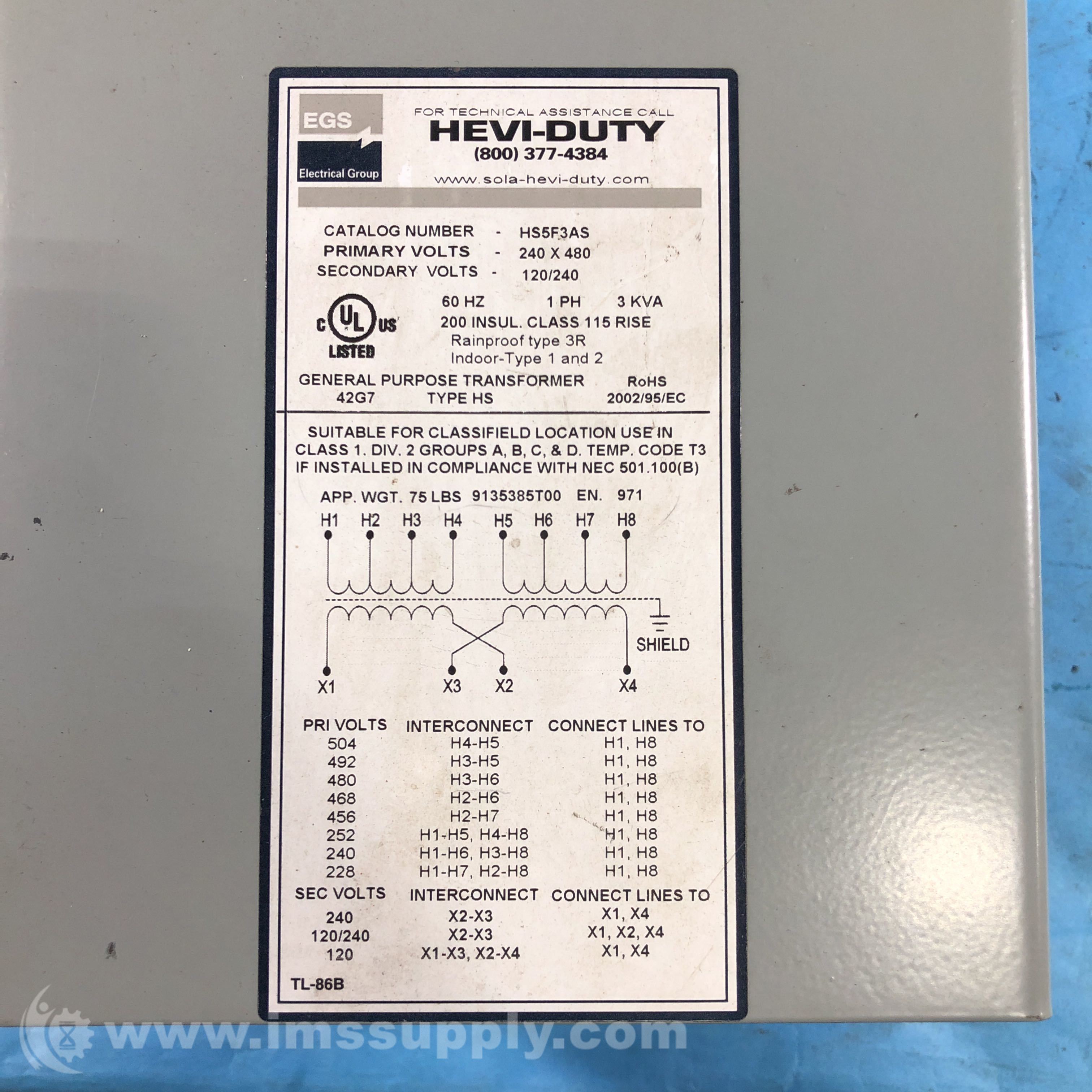Hevi Duty Electric HS5F3AS Power Transformer IMS Supply