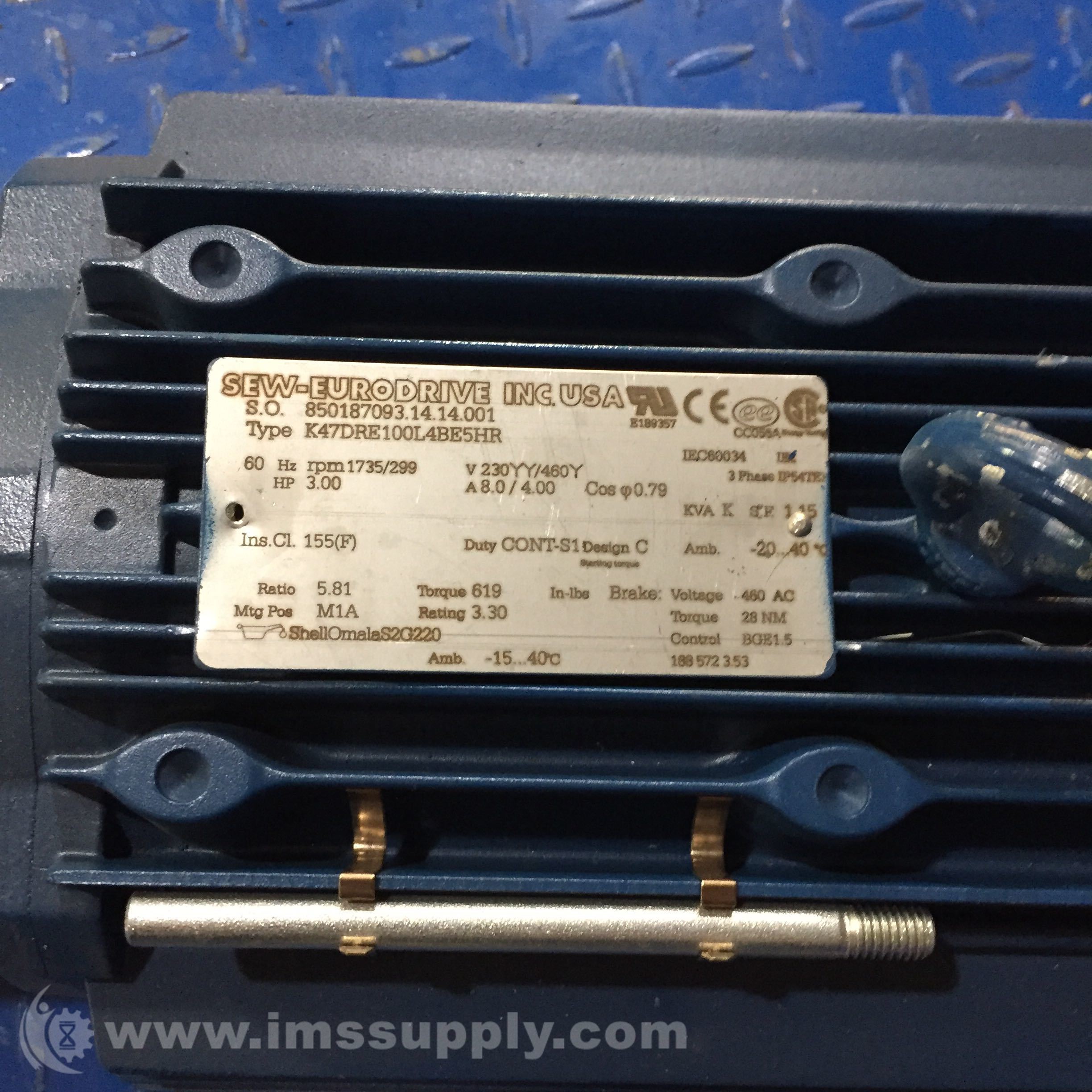 Sew Eurodrive K47DRE100L4BE5HR 1735/299 RPM Gearmotor 60Hz