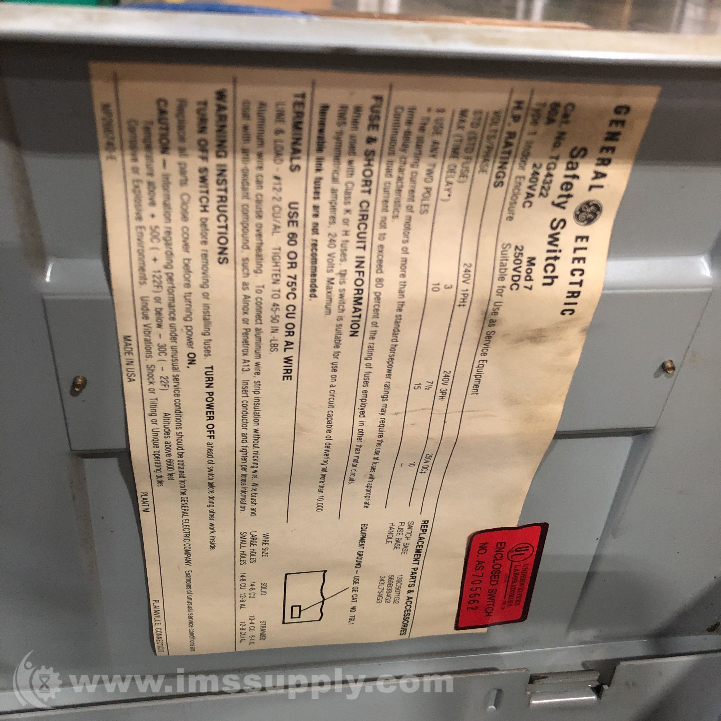 General Electric TG4322 Safety Switch IMS Supply