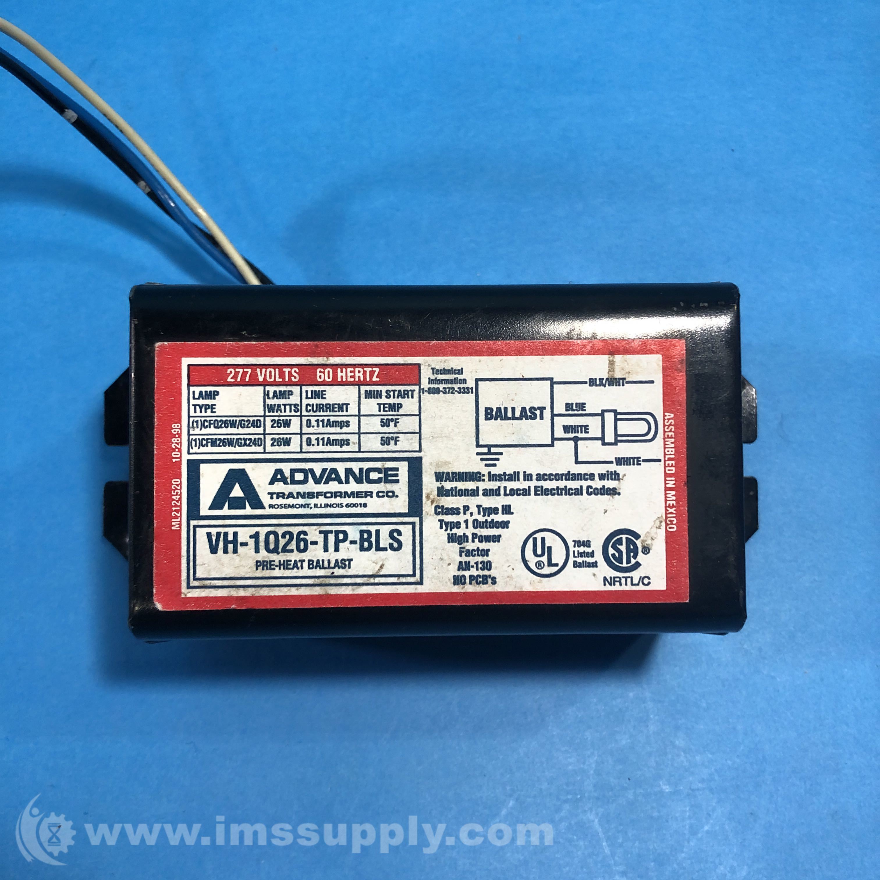 ADVANCE TRANSFORMER CO. VH1Q26TPBLS Ballast, 277 Volts IMS Supply