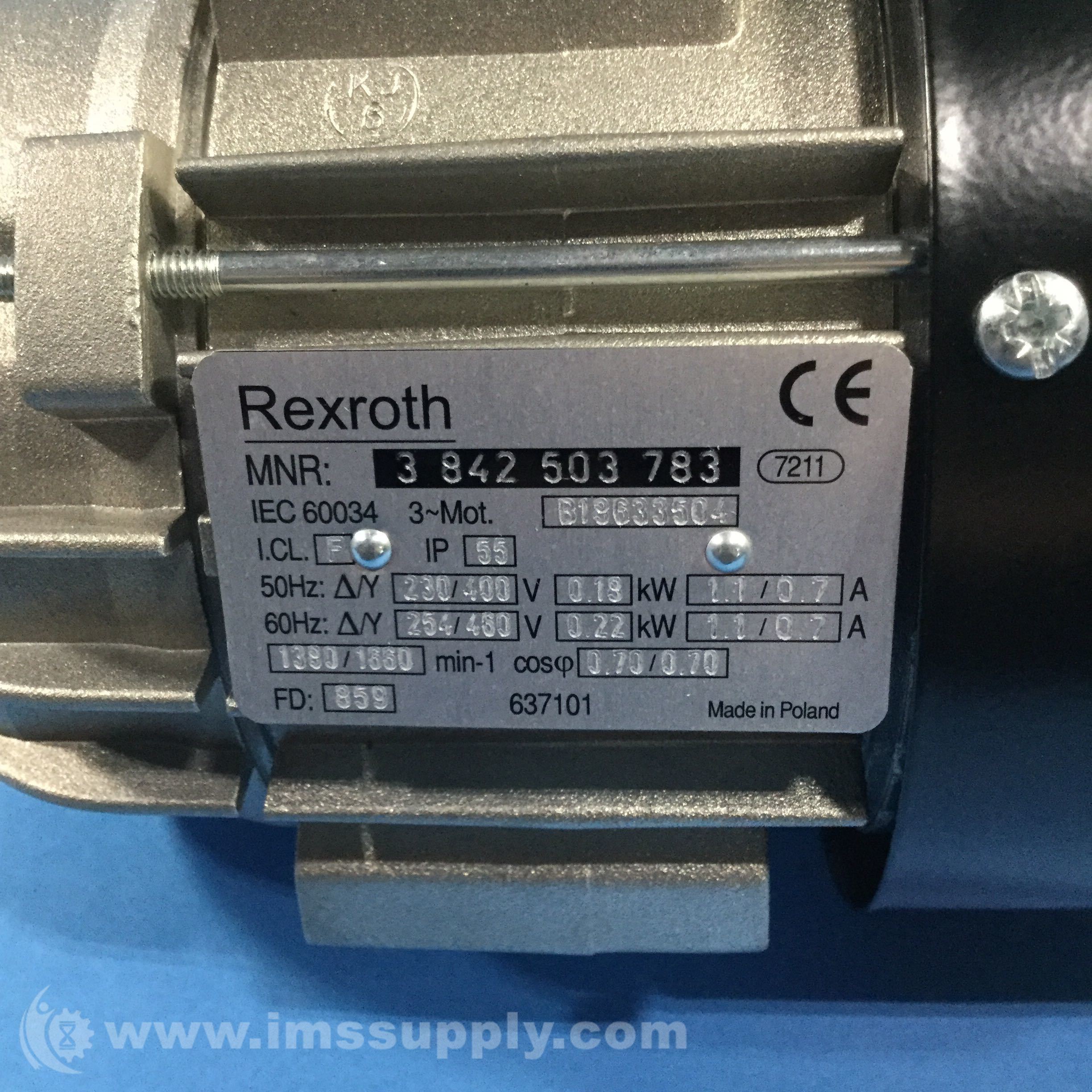Rexroth 3842503783 Drive Motor, 1.1/.7 Amp, 230/400 VAC, 50-60 HZ 