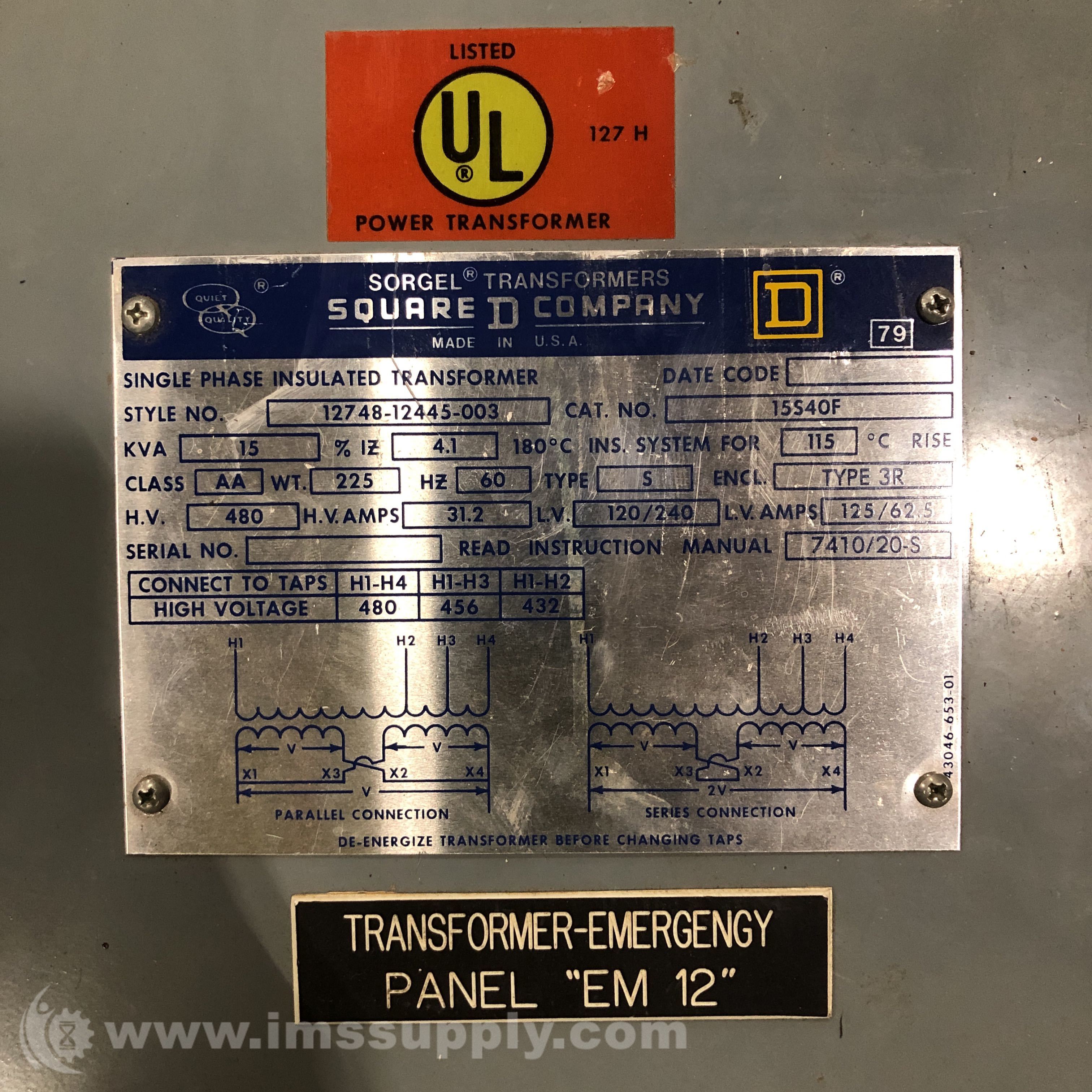 Square D 1274812445003 Single Phase Insulated Transformer IMS Supply