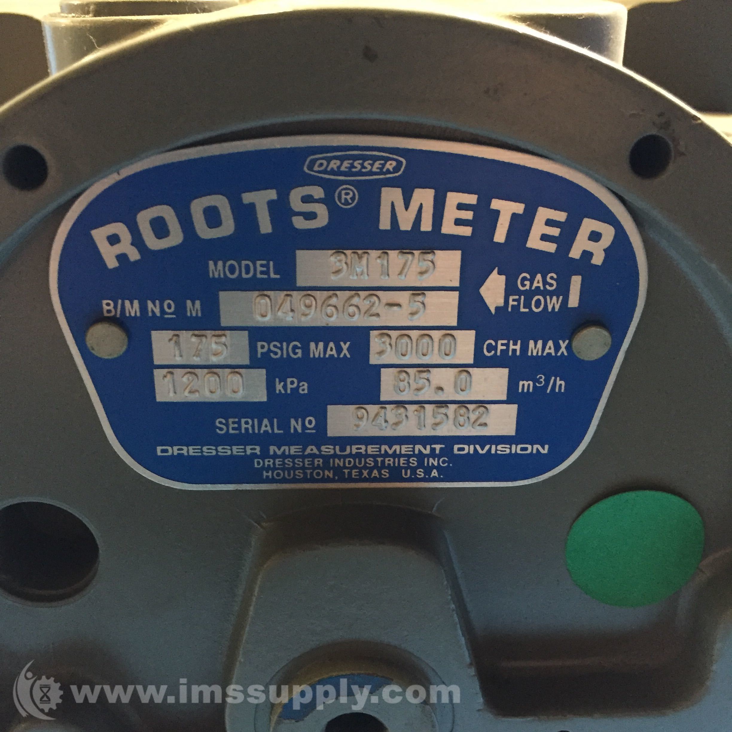 Dresser 3M175 049662-5 Roots Rotary Gas Meter, 3000 Maximum CFH - IMS Supply
