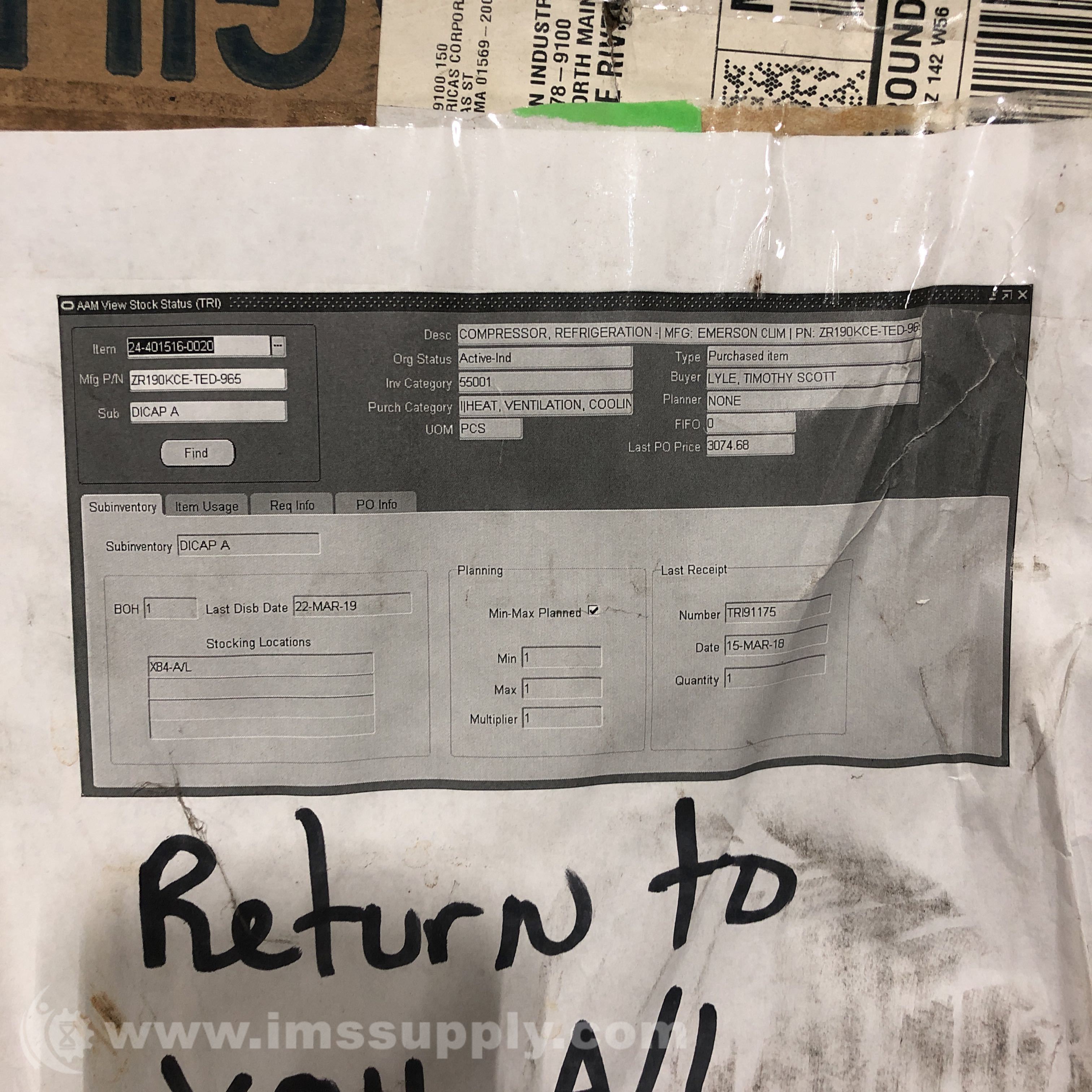 Emerson ZR190KCETED965 Scroll A/C Compressor, Oil RotoLock IMS Supply