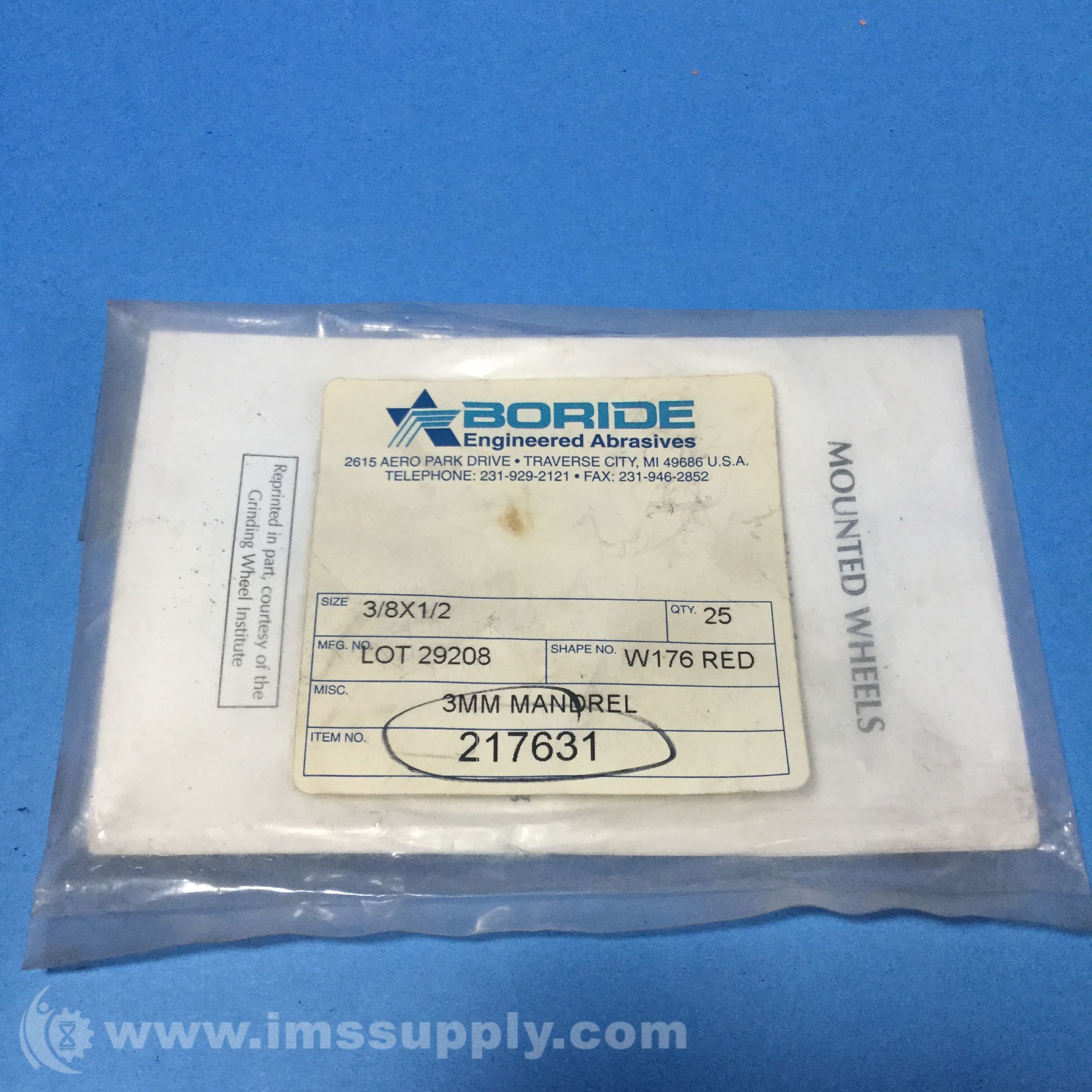 Boride Engineered Abrasives 217631 3mm Mandrel, W176 3/8x1/2 Inch IMS