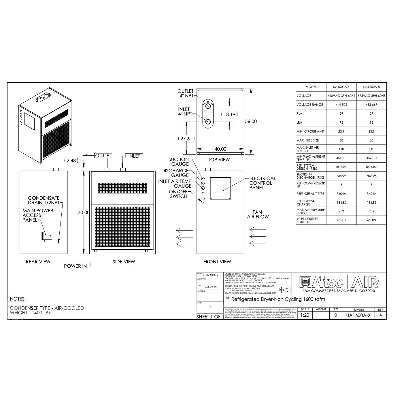 Altec AIR UA1600A5 UA Series NonCycling Refrigerated Air Dryer IMS