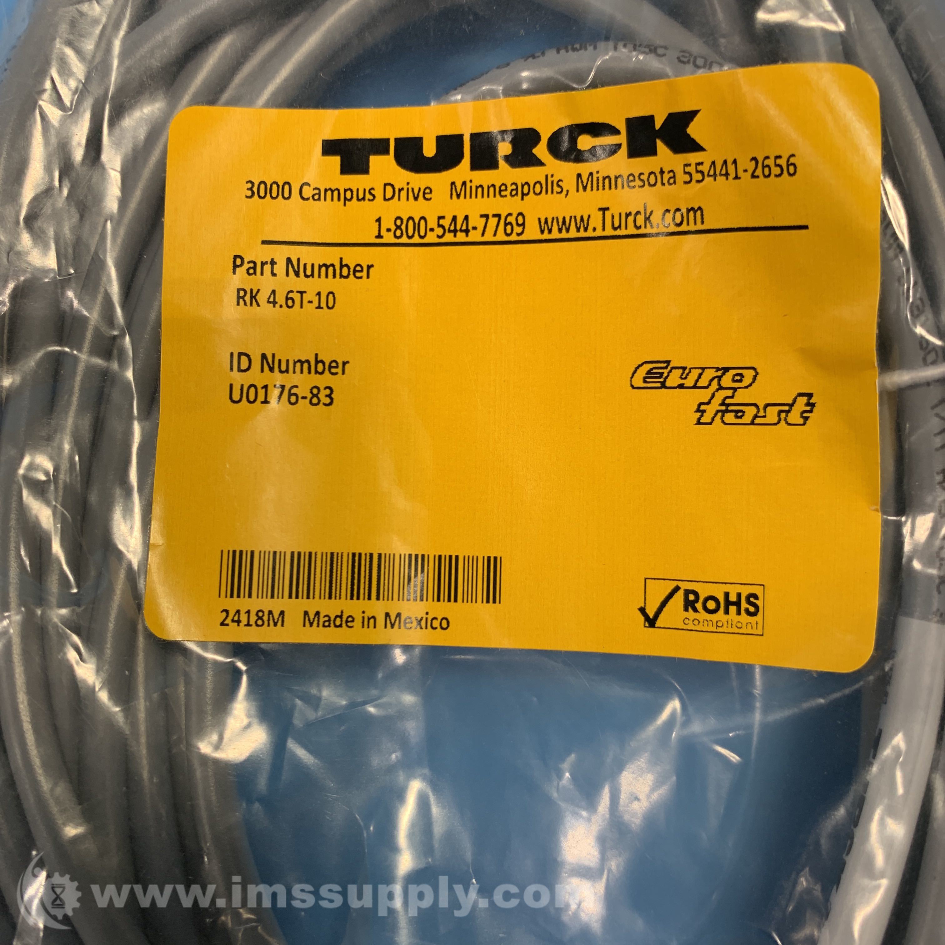 Turck RK 4.6T-10 Eurofast Series Cordset, U0176-83 - IMS Supply