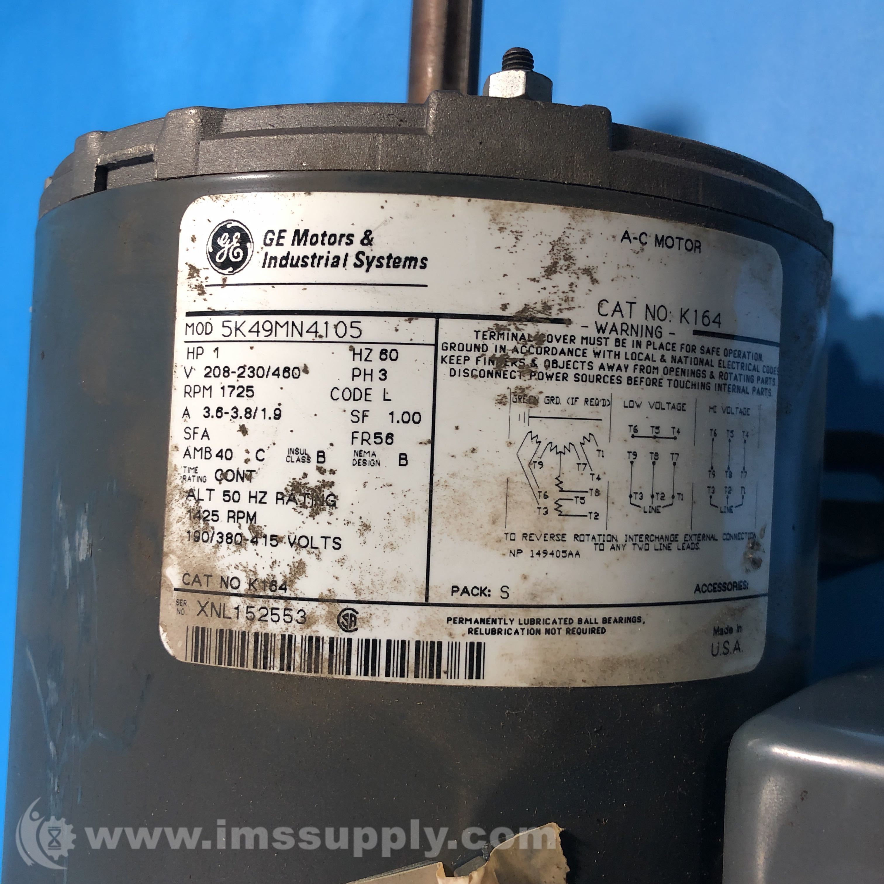 GE Motors 5K49MN4105 1HP 3 Phase Electric Motor 1725 RPM, K164 IMS Supply