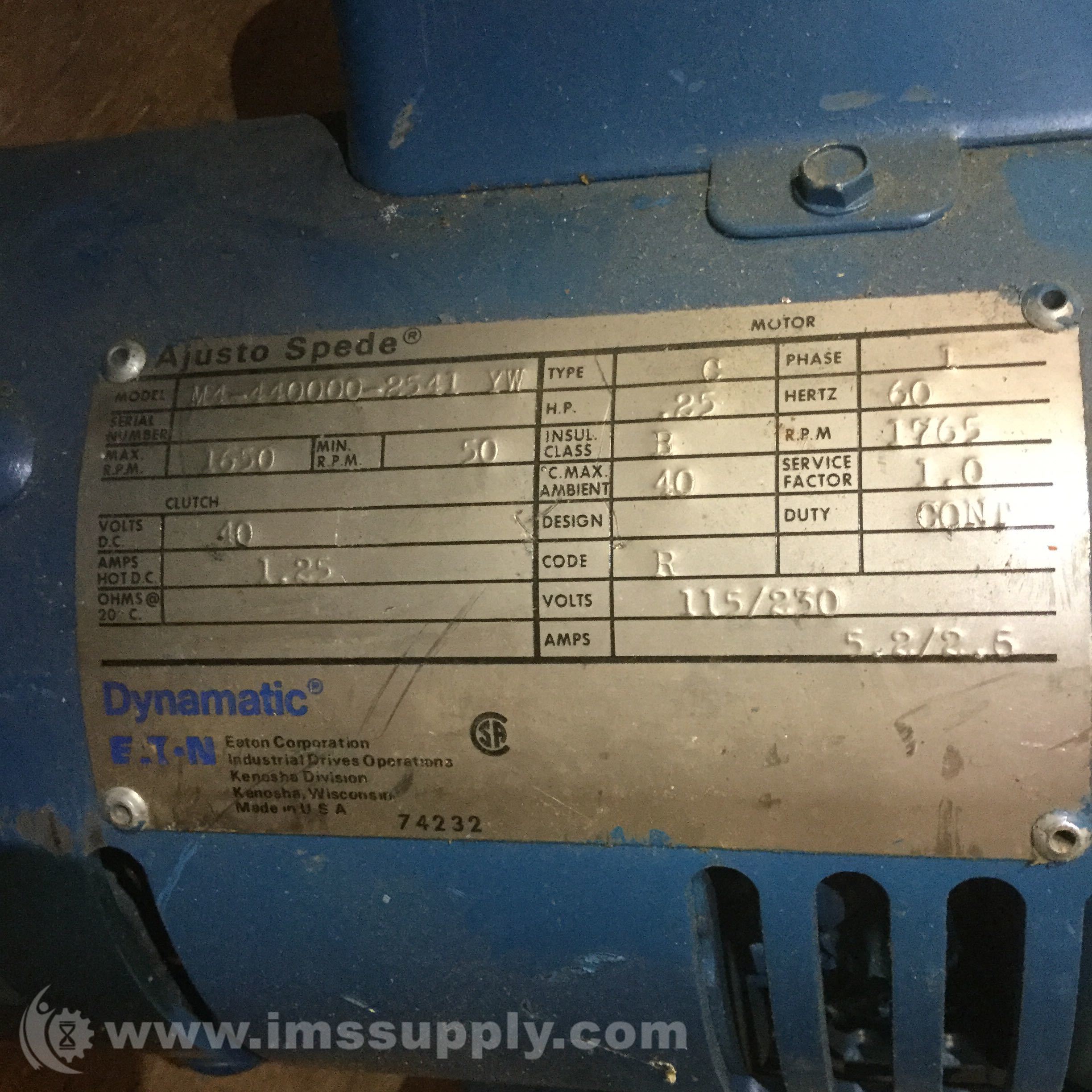 Eaton M4-440000-2541 Dynamatic Ajusto Spede Motor, RPM 1765, 1-Ph - IMS ...