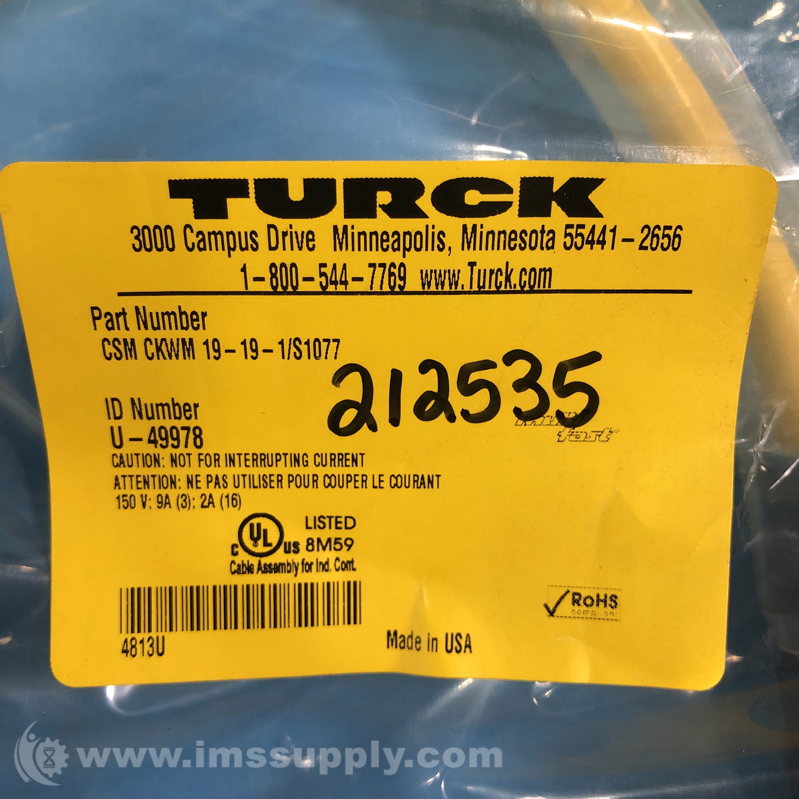 Turck CSM CKWM 19-19-1/S1077 U-49978 Actuator and Sensor Cordset - IMS ...