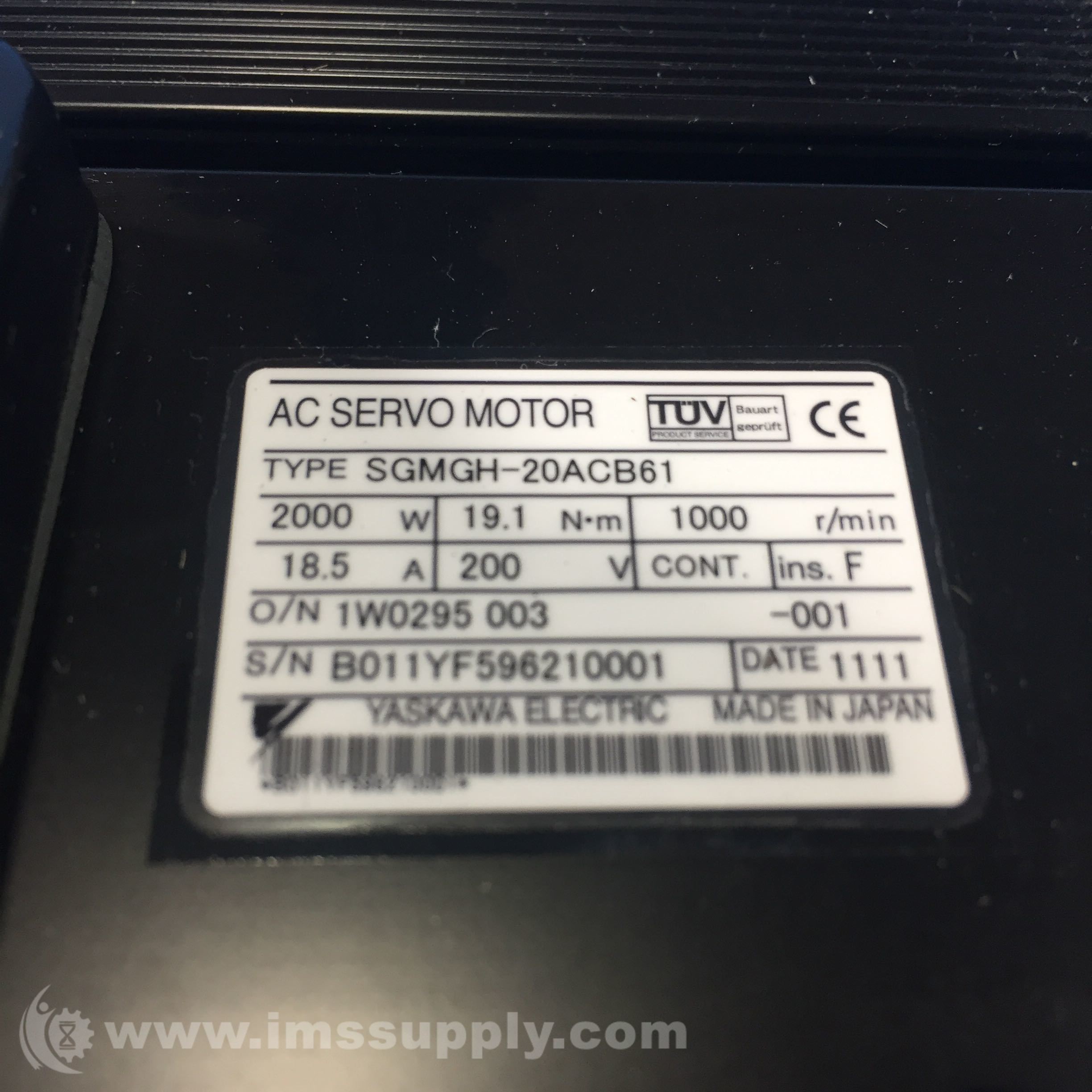 Yaskawa SGMGH-20ACB61 AC Servo Motor, 1000RPM, 2000W, 200V, 18.5A - IMS  Supply