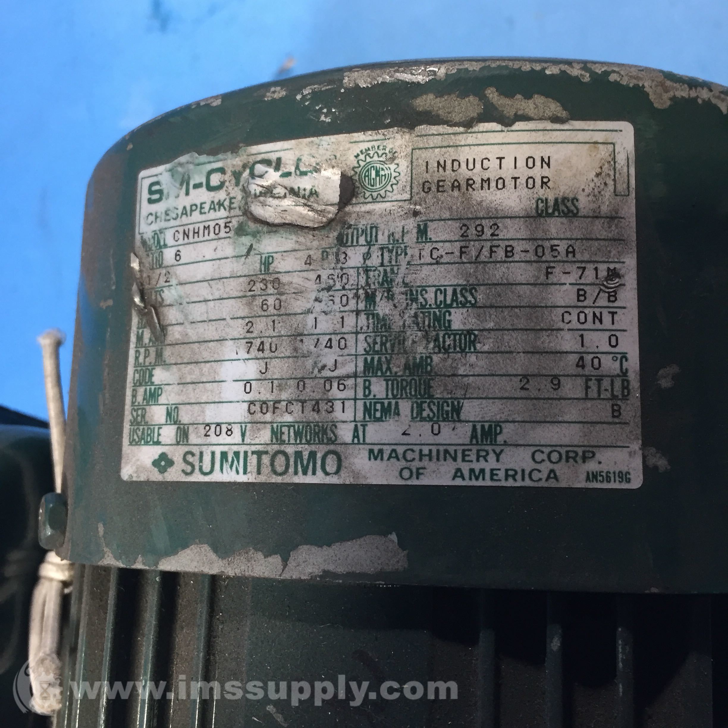 Sumitomo CNHM05-5085-B-6 Induction Gearmotor, 4 HP, 230 V Sumitomo CNHM05-5085-B-6 Induction Gearmotor, 4 HP, 230 V