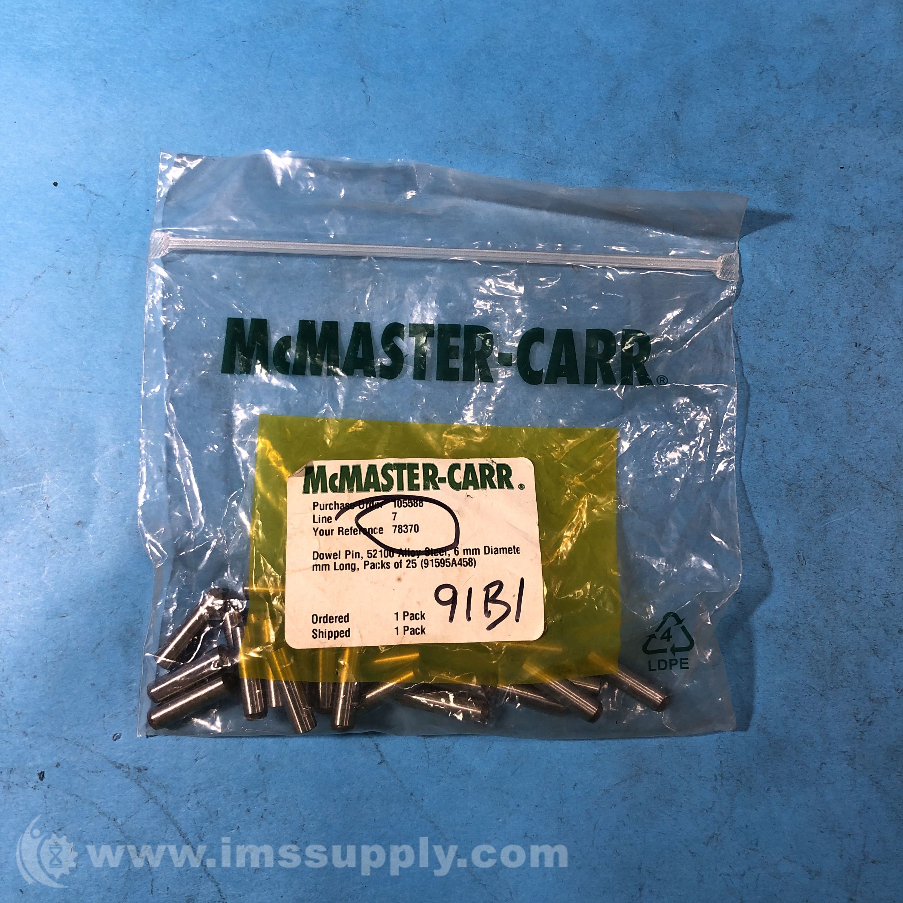 McMasterCarr 91595A458 Pack of 25 Dowel Pins IMS Supply