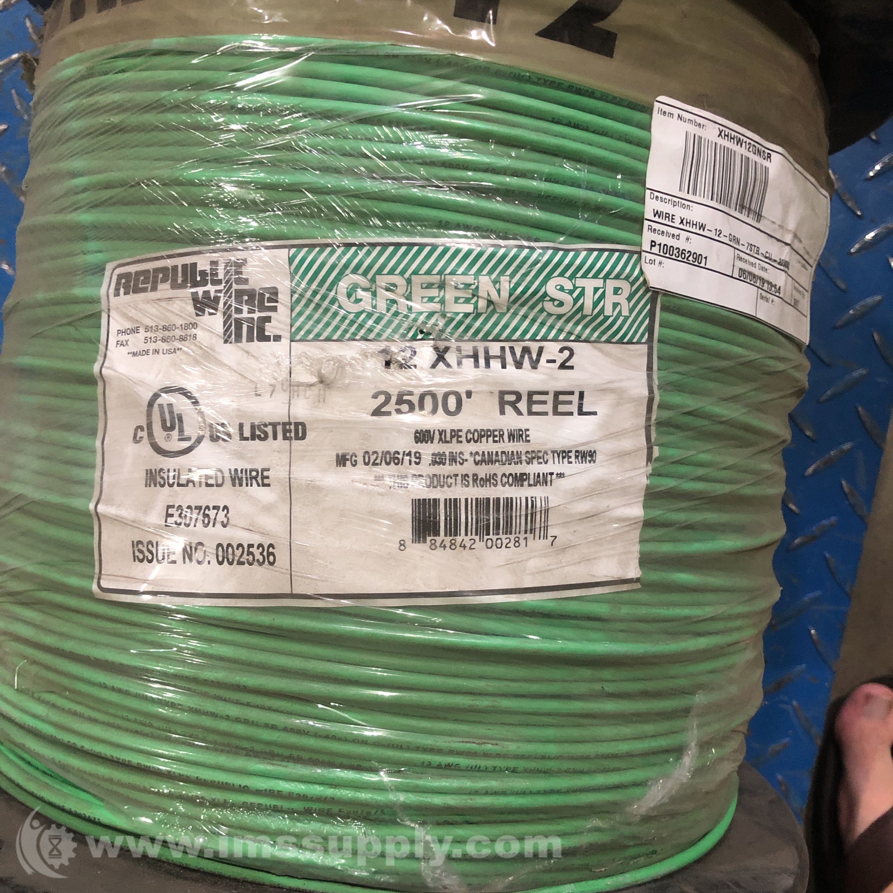 Republic Wire Inc 12 XHHW-2 2500 FT Green Copper Building Wire - IMS Supply