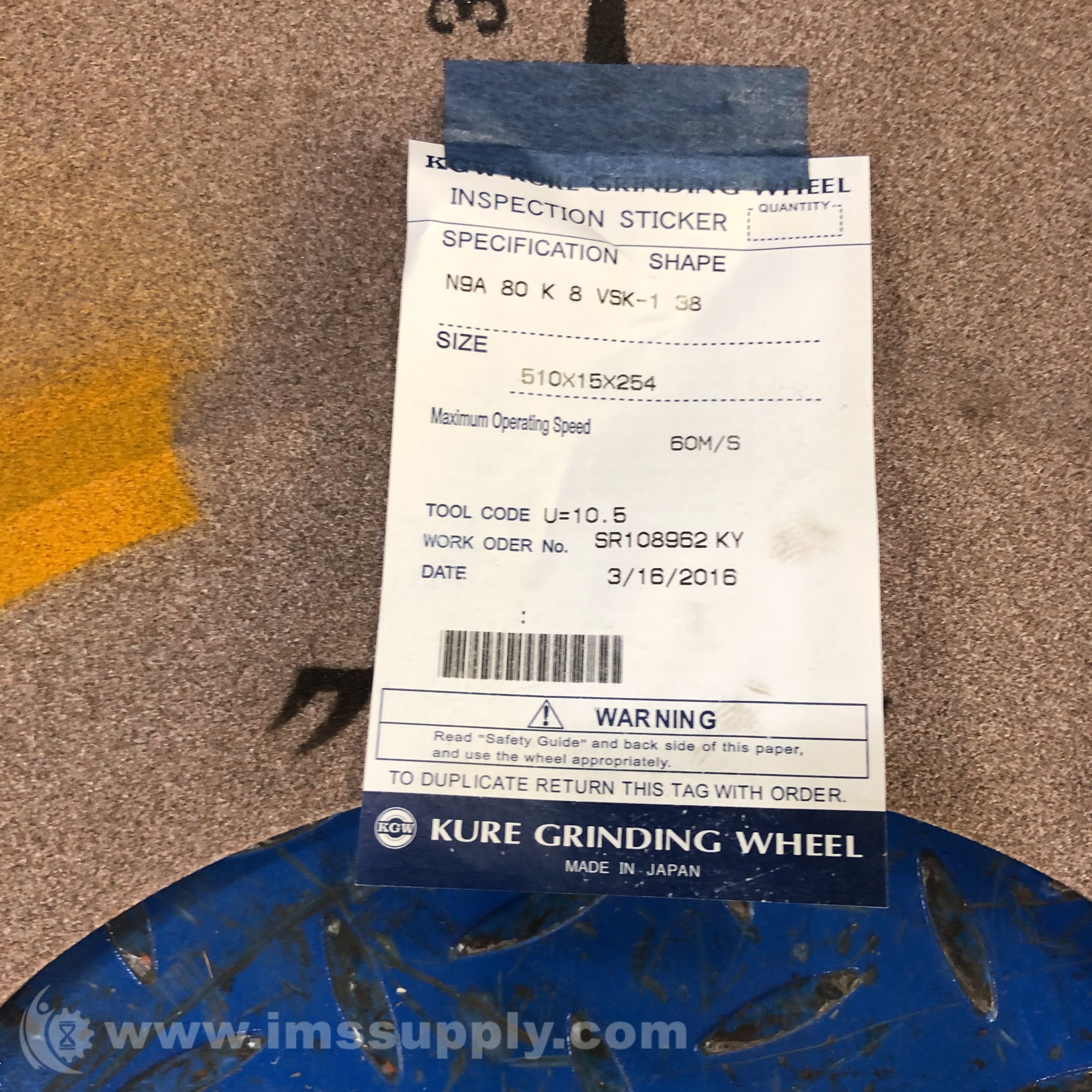 Kure Grinding Wheel N9A 80 K VSK1 Grinding Wheel IMS Supply