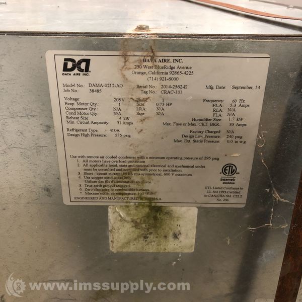Data Aire Inc DAMA0212AO Air Conditioner Unit, 1 Phase, 208 V IMS