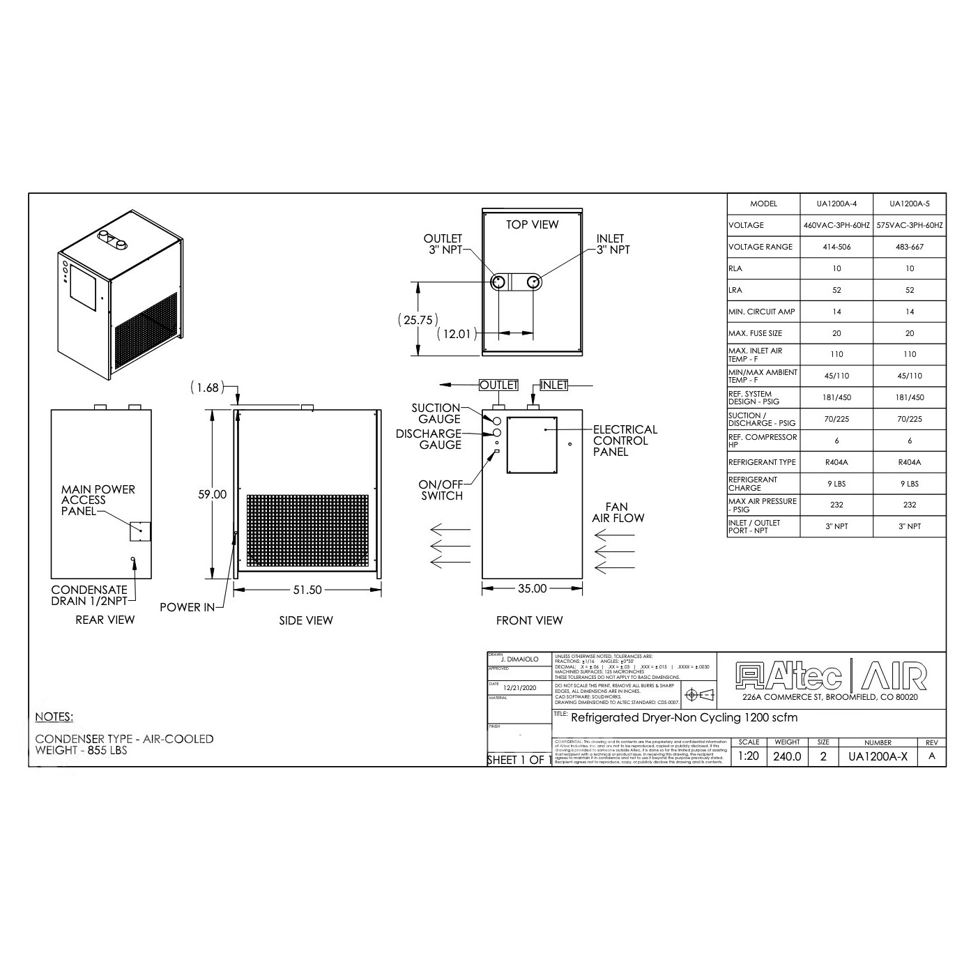 Altec AIR UA1200A5 UA Series NonCycling Refrigerated Air Dryer IMS