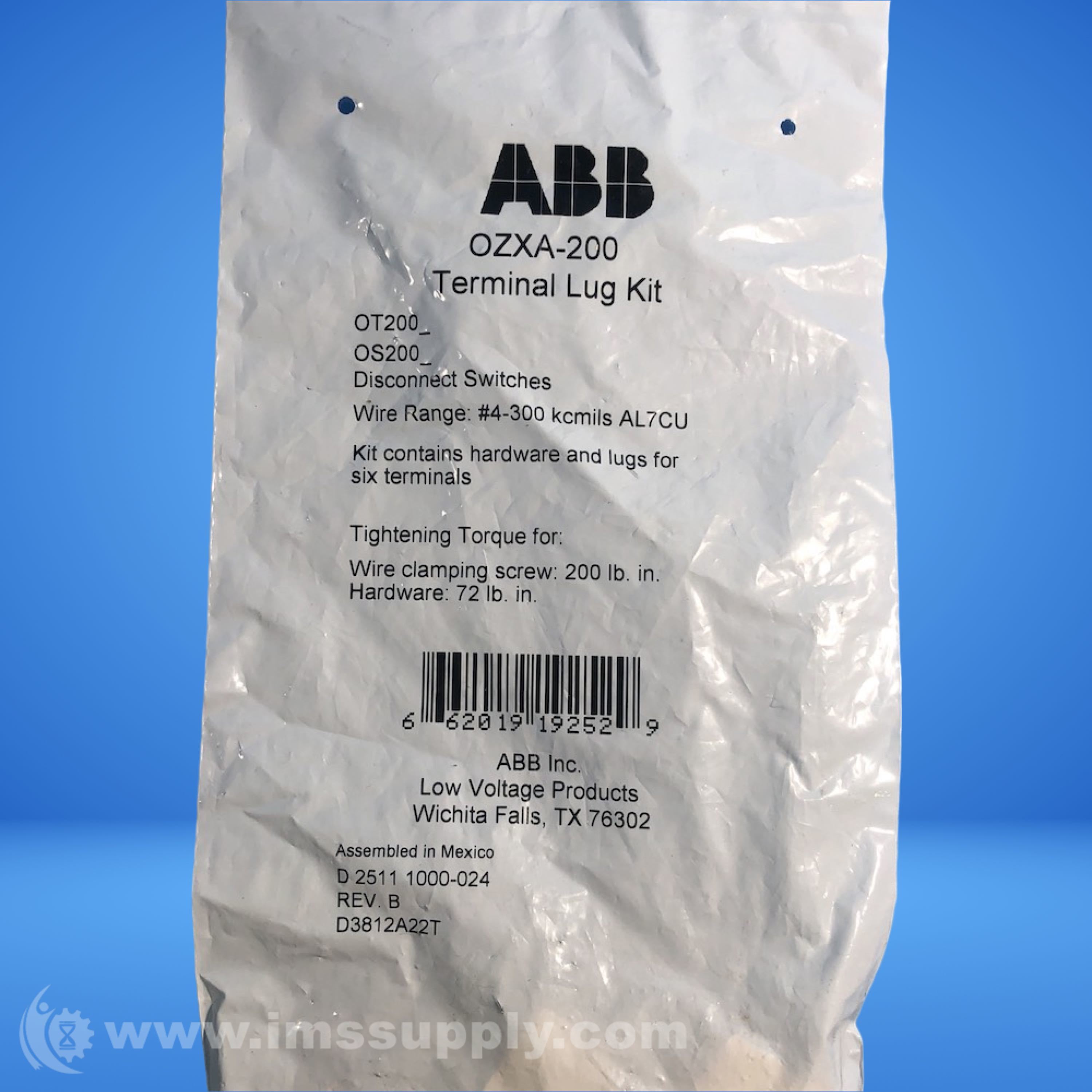 ABB OZXA200 Terminal Lug Kit, Assembly Hardware IMS Supply