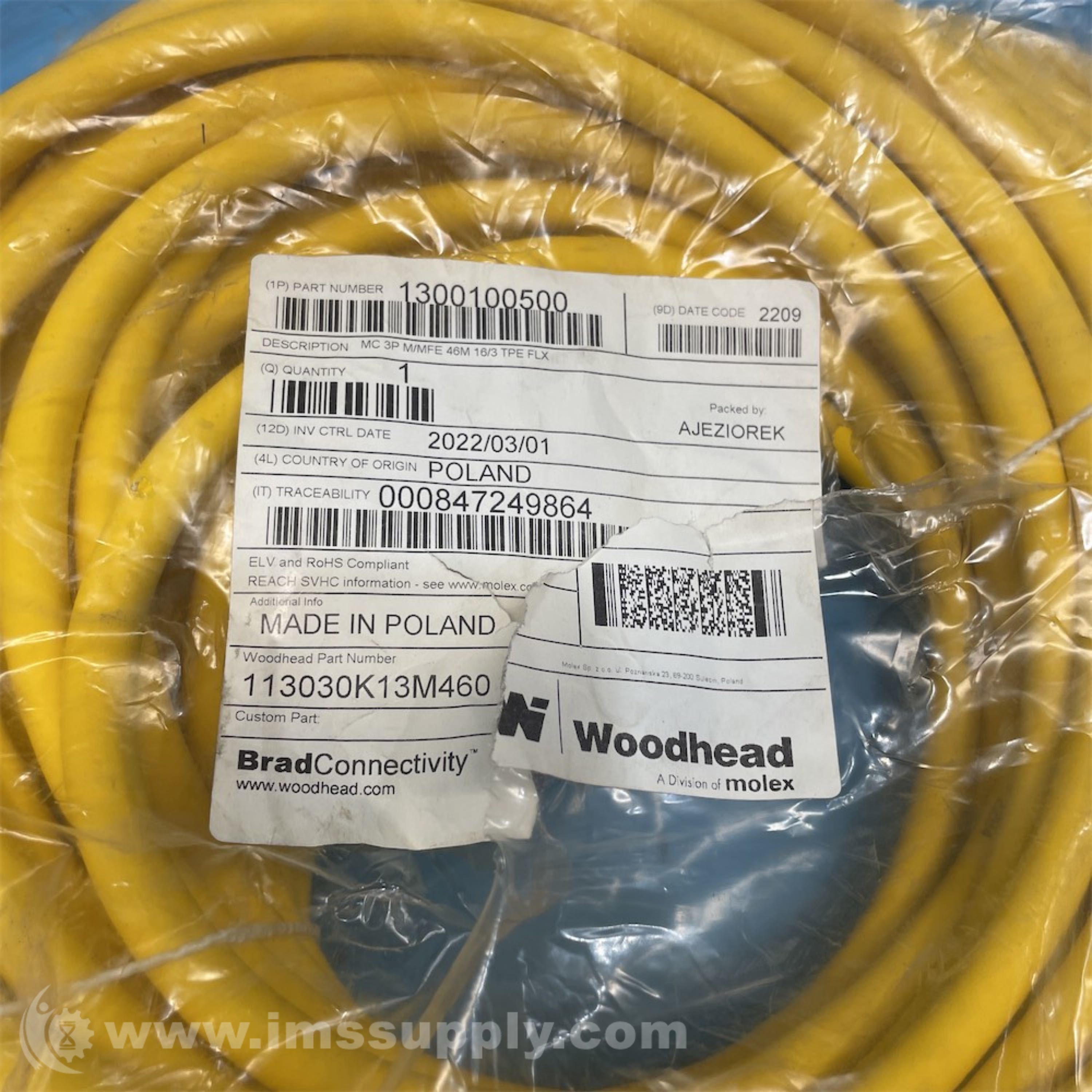 Molex 1300100500 MiniChange 3P Cable Cordset 46M - IMS Supply