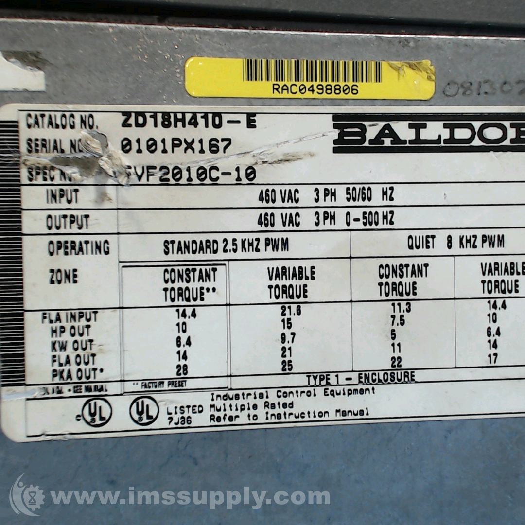 Baldor ZD18H410E AC Vector Drive, 460V, 18H, 7.5/10/15HP IMS Supply