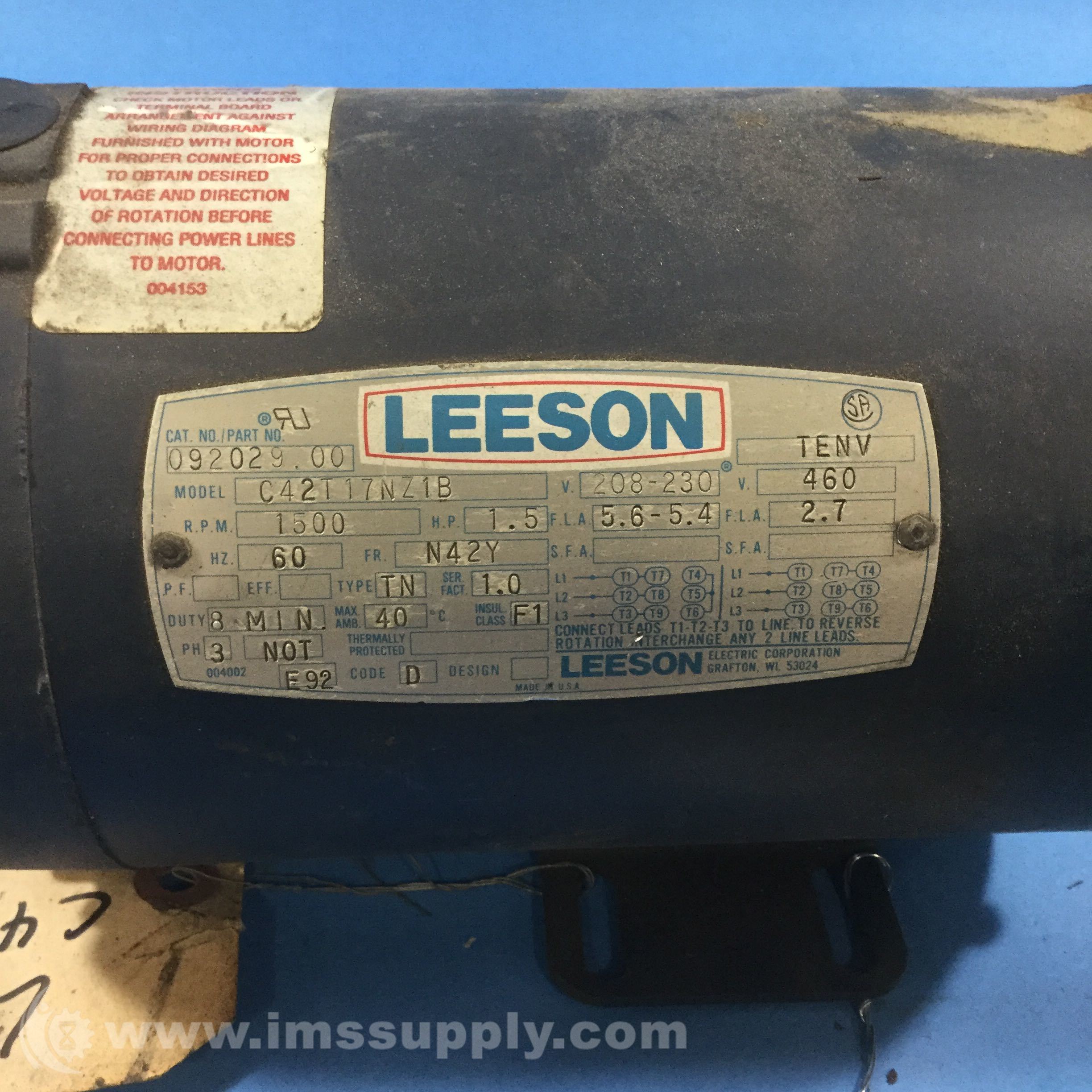 Leeson Electric Co 092029.00 1.5HP 1500RPM 3PH Motor - IMS Supply